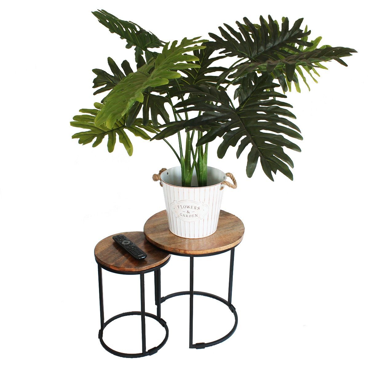 colourliving Beistelltisch Beistelltische 2er Set Blumentische Pflanzentische Metall Holzplatte (2-St), platzsparend zu Verstauen, dekorativ, vielseitig einsetzbar