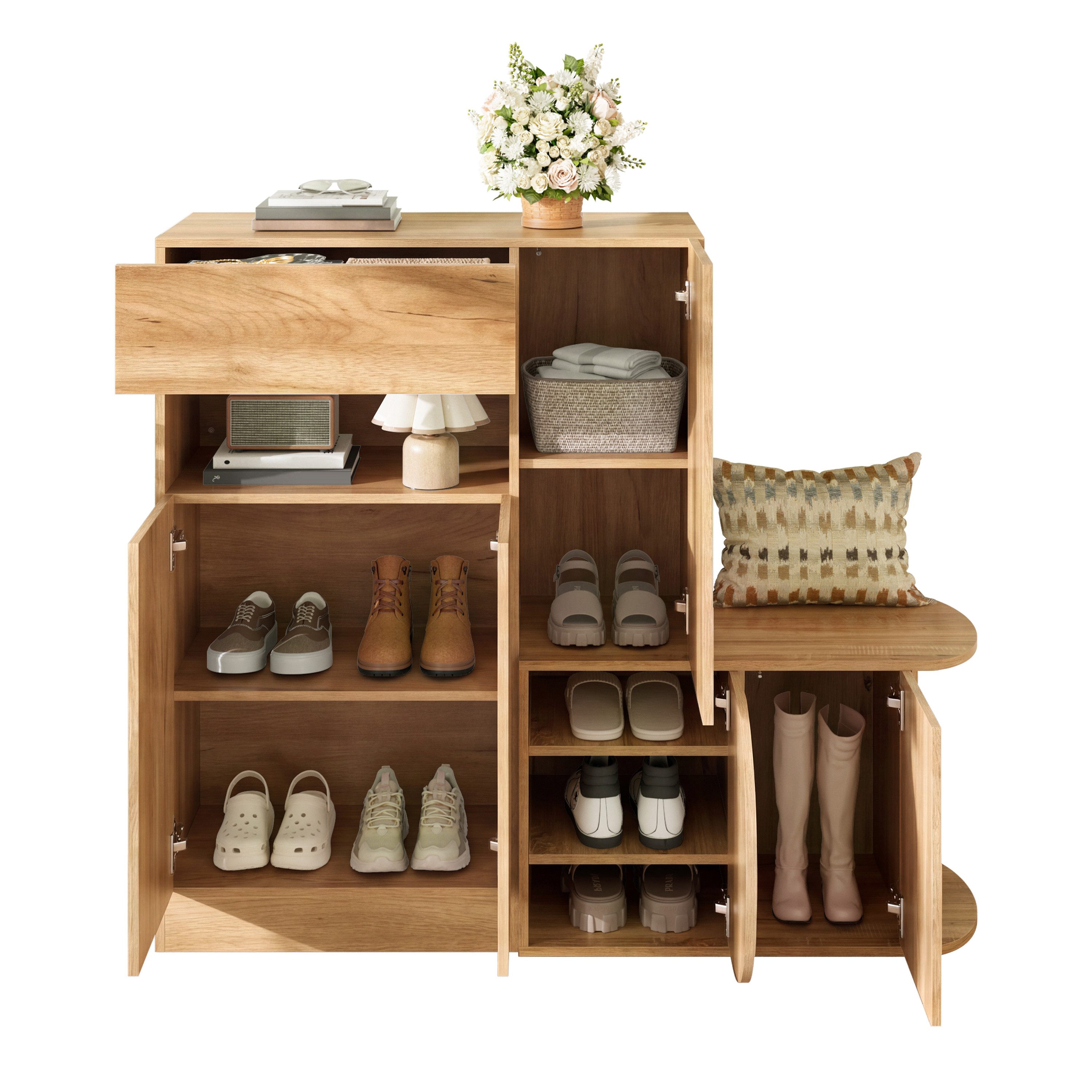 Refined Living Schuhschrank Schuhmöbel mit Sitzbank, Schuhkommode, Flurschrank mit Stauraum (130 × 35 × 110,5 cm, mit 1 Schublade, 5 Türen & offenem Fach, Eingangsbereich groß, mit Kippsicherung, Schuhaufbewahrung Möbel modern, Garderobenschrank, Stabilit