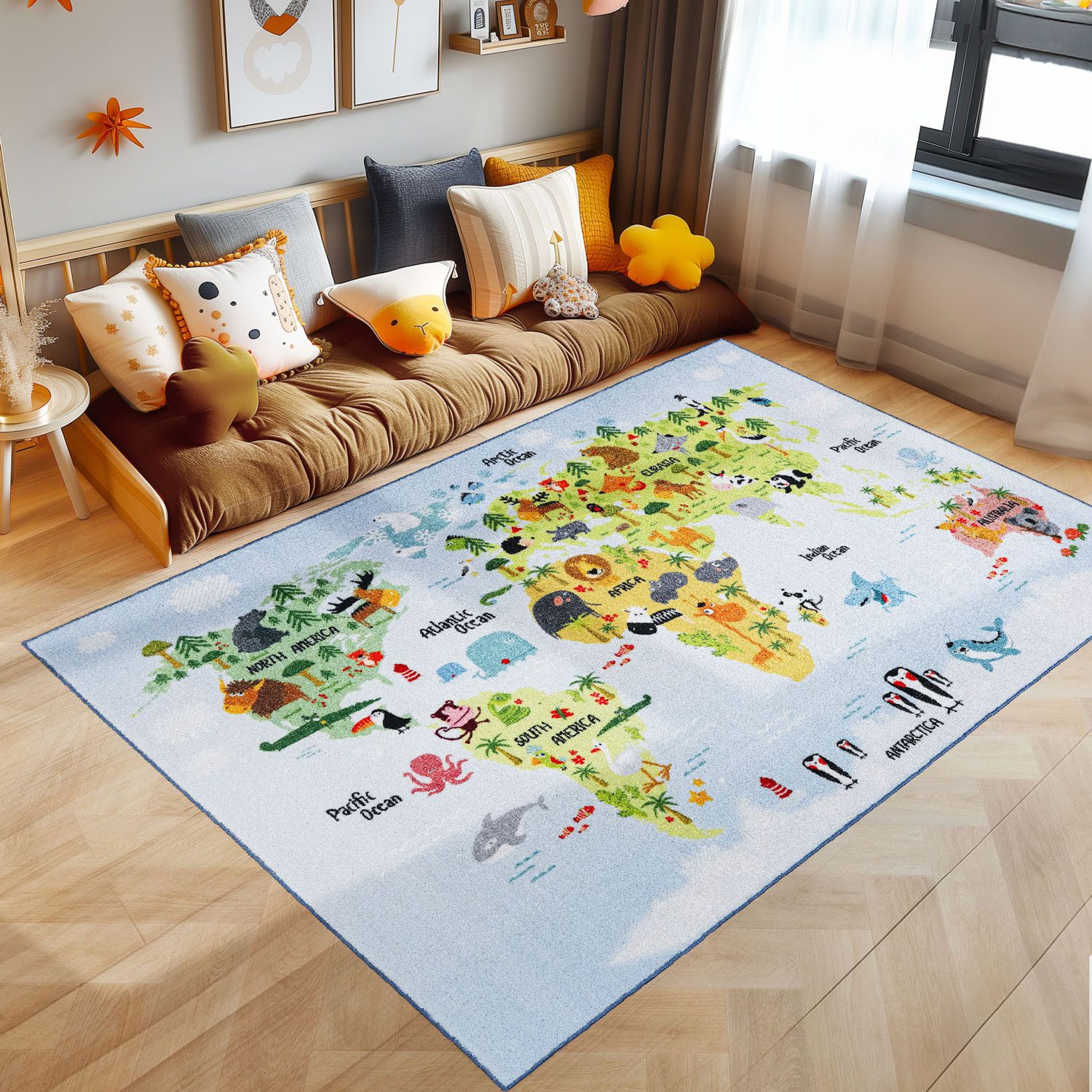 SIMPEX24 Teppich Weltkarte mit Tier Design, Rechteckig, Höhe: 7 mm, Kindert günstig online kaufen