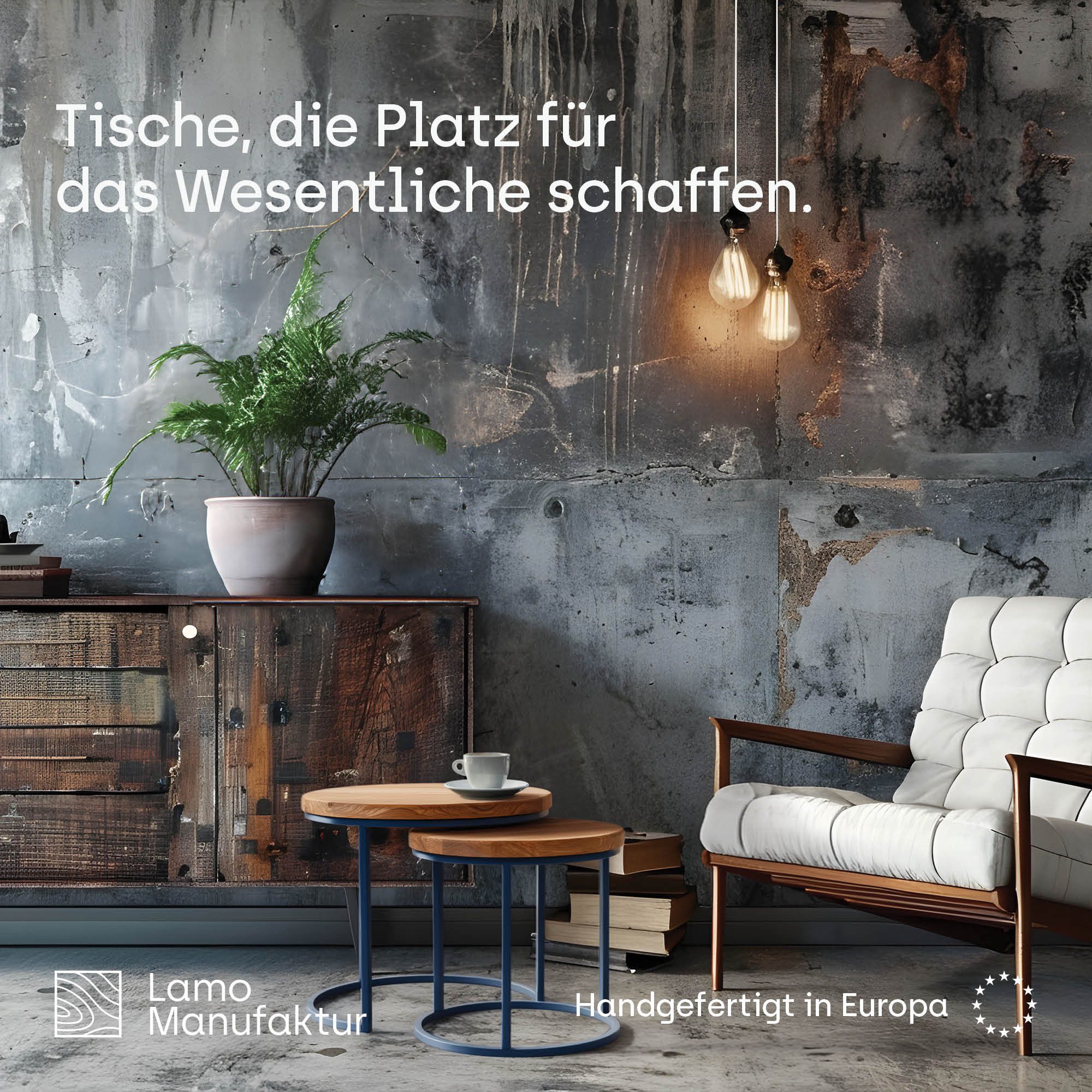 LAMO Manufaktur Beistelltisch Couchtisch rund 2er Set - Beistelltisch Holz -Wohnzimmertisch rund (2 Tisch), Sofatisch modern, Holztisch für Wohnzimmer, Farbe: Natur, Beine: Blau