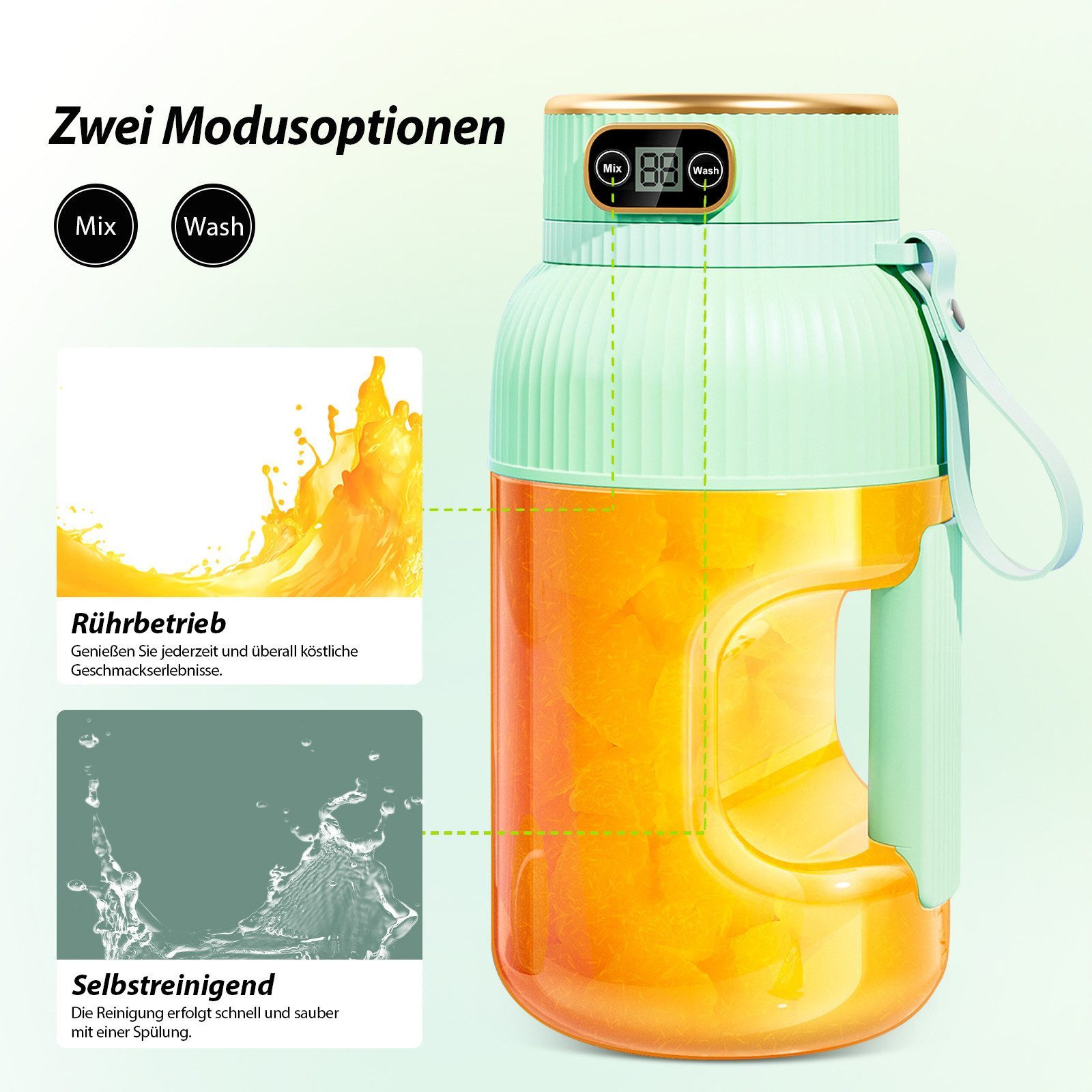 FANNOU Handmixer Tragbarer Mixer, Smoothie Maker to go, Blender, 1200ml Becher, 78 W, Leistungsstarker Mini Standmixer, Kabellos & Wiederaufladbar