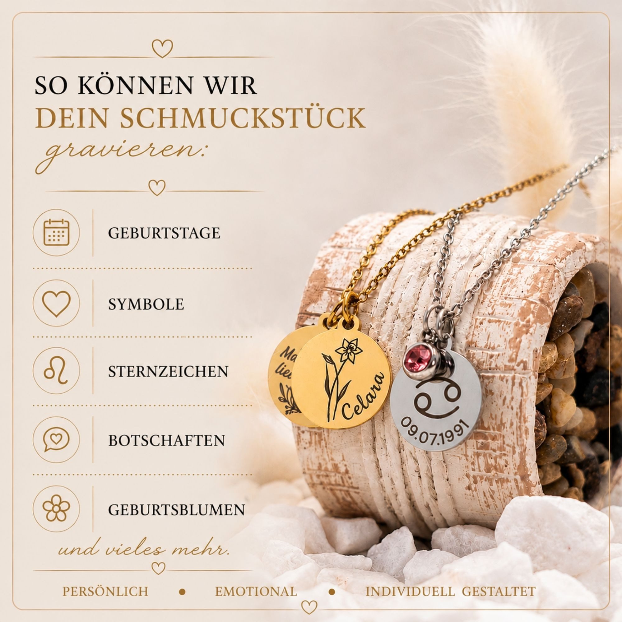 BS Schmuckdesign Kette mit Anhänger mit Gravur Personalisierte Halskette Damen mit Gravur und Symbolen Namenskette (inkl. Gravur & Schmuckbox)
