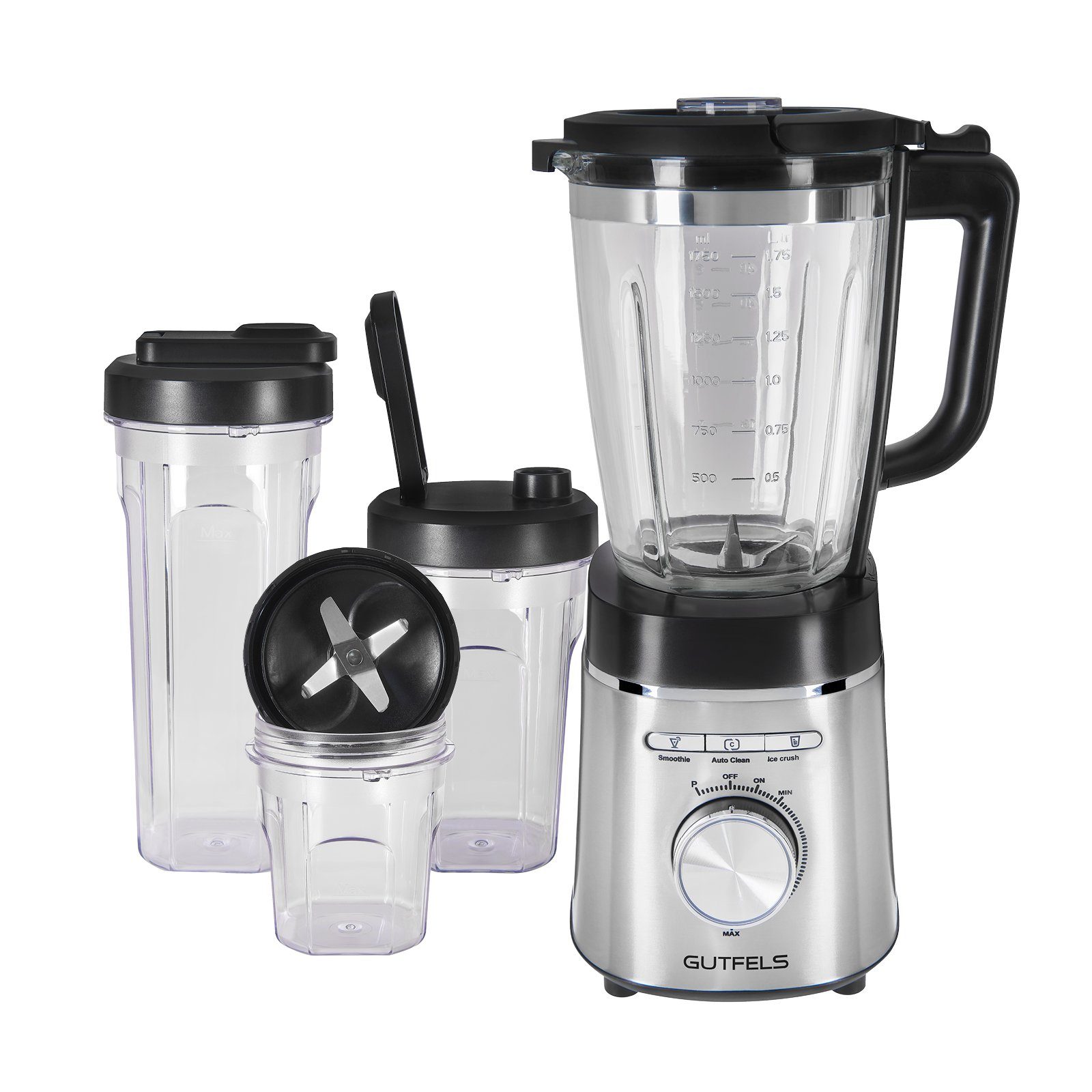 Gutfels Standmixer BLEND 5010, 1400 W, 1,75 Liter Glaskrug, 1400 Watt,  stufenlose Regulierung, 21000 Umdrehungen pro Minute,  Selbstreinigungsfunktion, Crush-Funktion, 2 Getränke-Cups (300/600 ml),  Mahlbehälter mit passendem Messeraufsatz, Puls ...