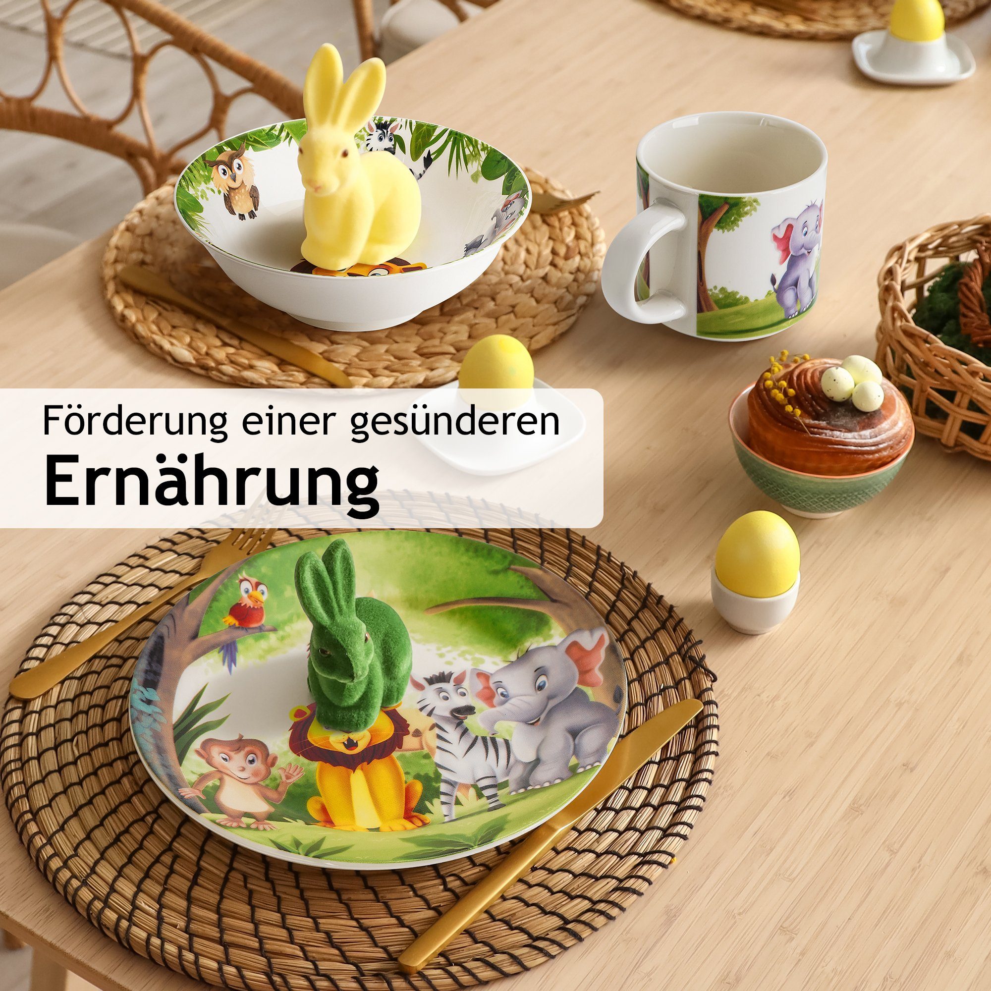 MiaMio Kindergeschirr-Set Jungle Motiv Grün (3-tlg), 1 Personen, Keramik, Teller, Schüssel und Tasse mit Kindermotiv – Bild 5 von 5