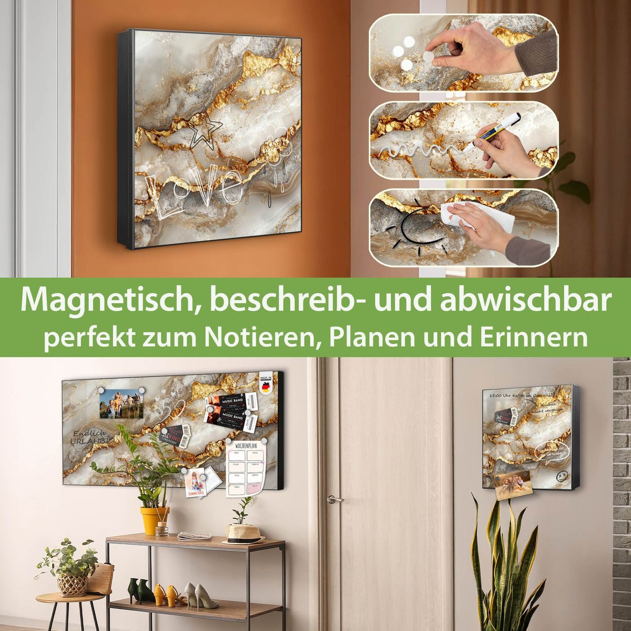 banjado Schlüsselkasten aus Metall mit Motiv Weißer Marmor mit Gold 2 (Stahl Gehäuse, mit 32 Haken, beschreibbar & magnetisch), 30 x 30 x 5 cm