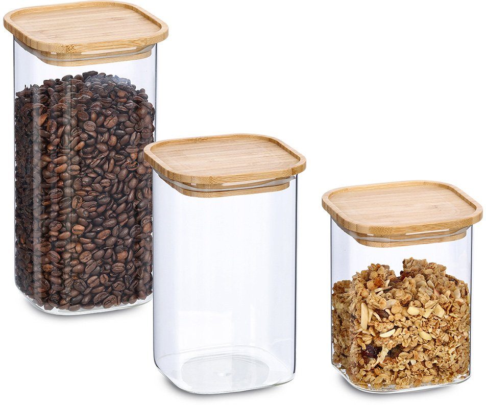 Zeller Present Vorratsglas, Borosilikatglas, Holz, Silikon, (Set, 3-tlg),  mit Bambusdeckel