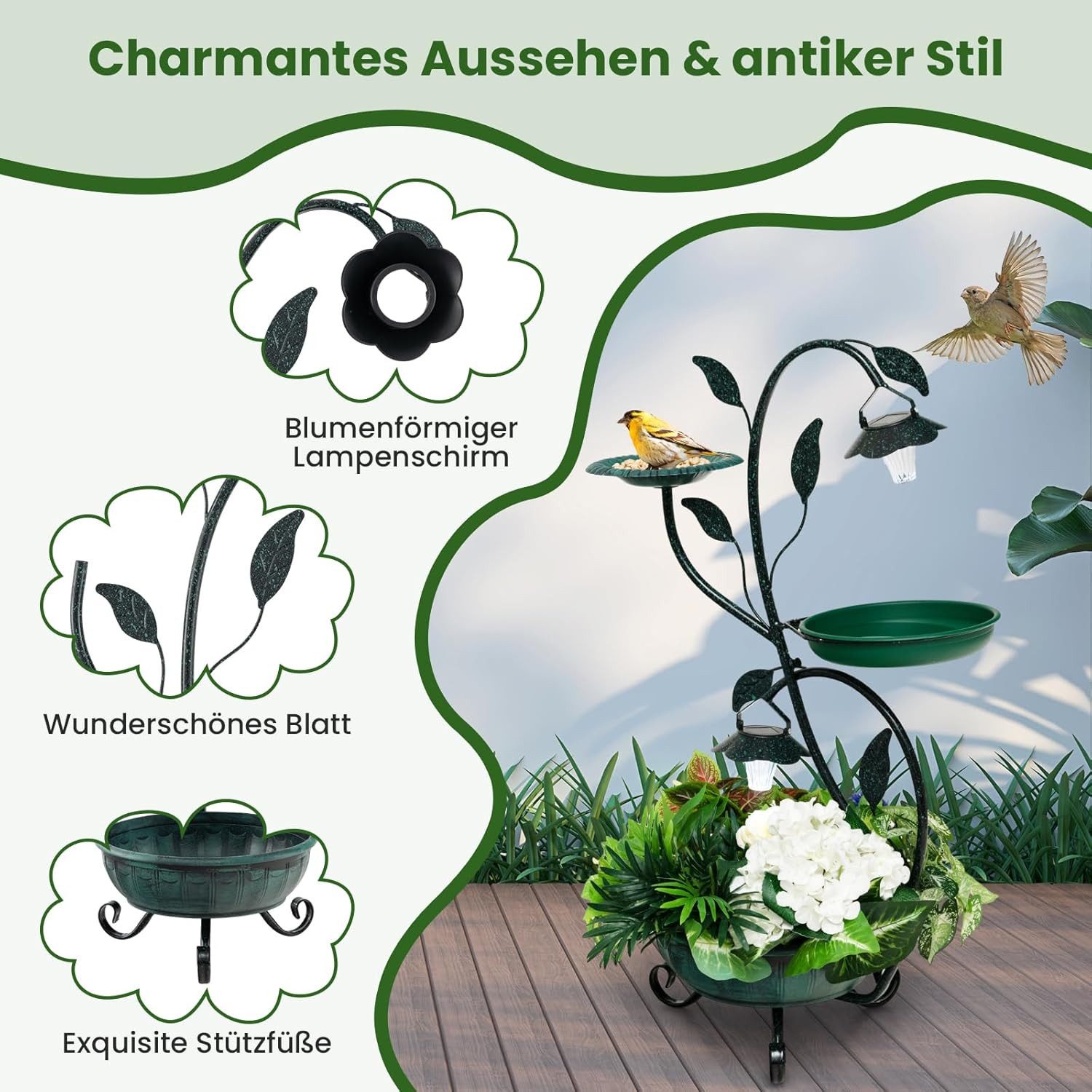 KOMFOTTEU Vogeltränke, 83cm hohe Vogelbad Vintage mit Pflanzgefäß