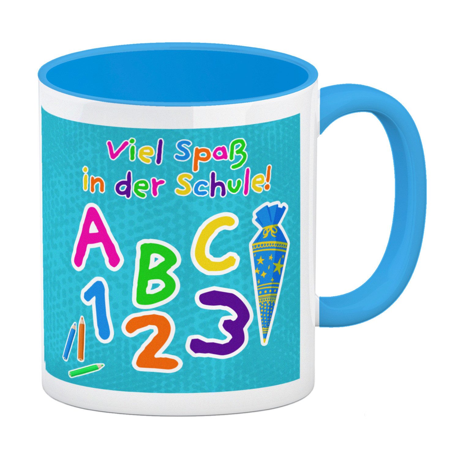 speecheese Tasse Viel Spaß in der Schule Kaffeebecher Hellblau für die Einschulung