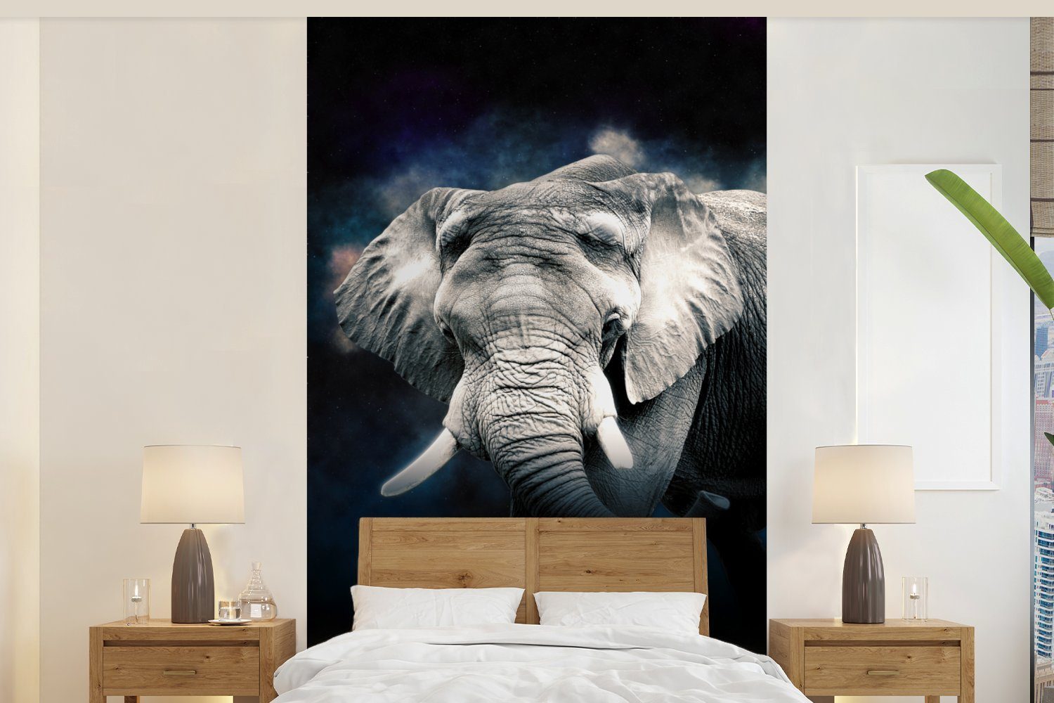 MuchoWow Fototapete Elefant - Schwarz - Rauchen, Matt, bedruckt, (3 St), Wallpaper für Wohnzimmer, Schlafzimmer, Kinderzimmer, Vinyl Tapete