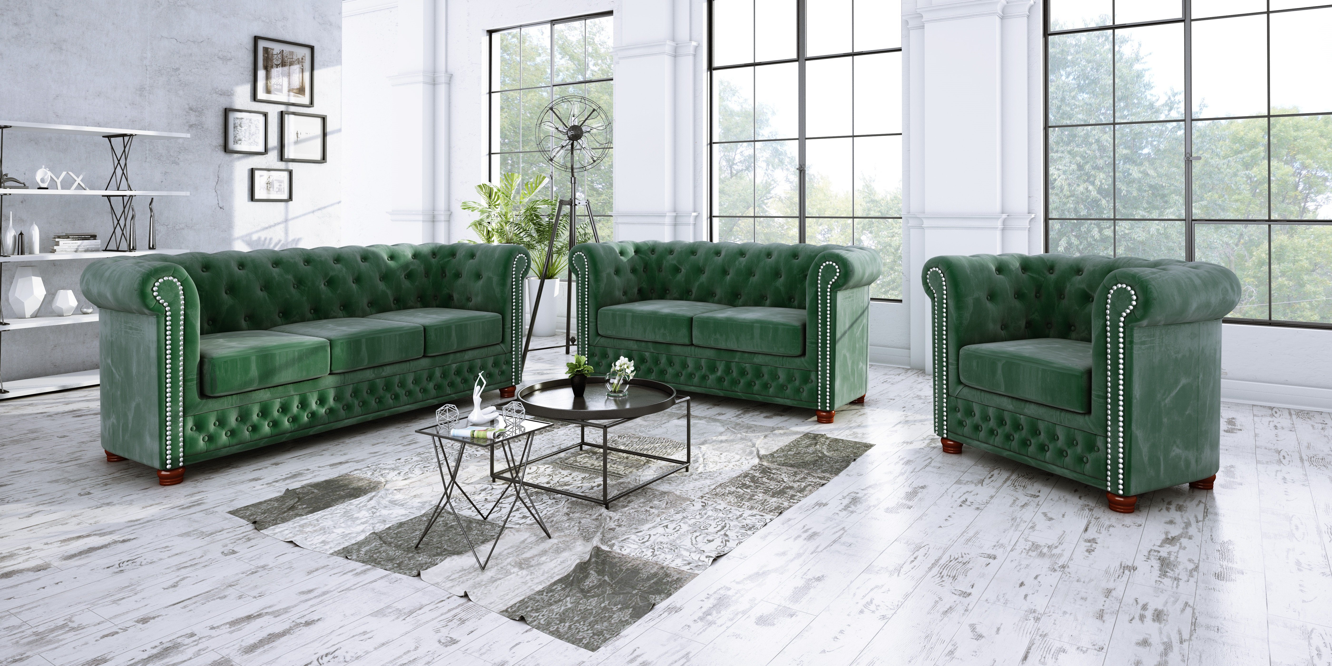 S-Style Möbel Polstergarnitur Chesterfield Leeds 3+2+1, (1x 3-Sitzer-Sofa, 1x 2-Sitzer-Sofa, 1x Sessel), mit Wellenfederung Flasche grün