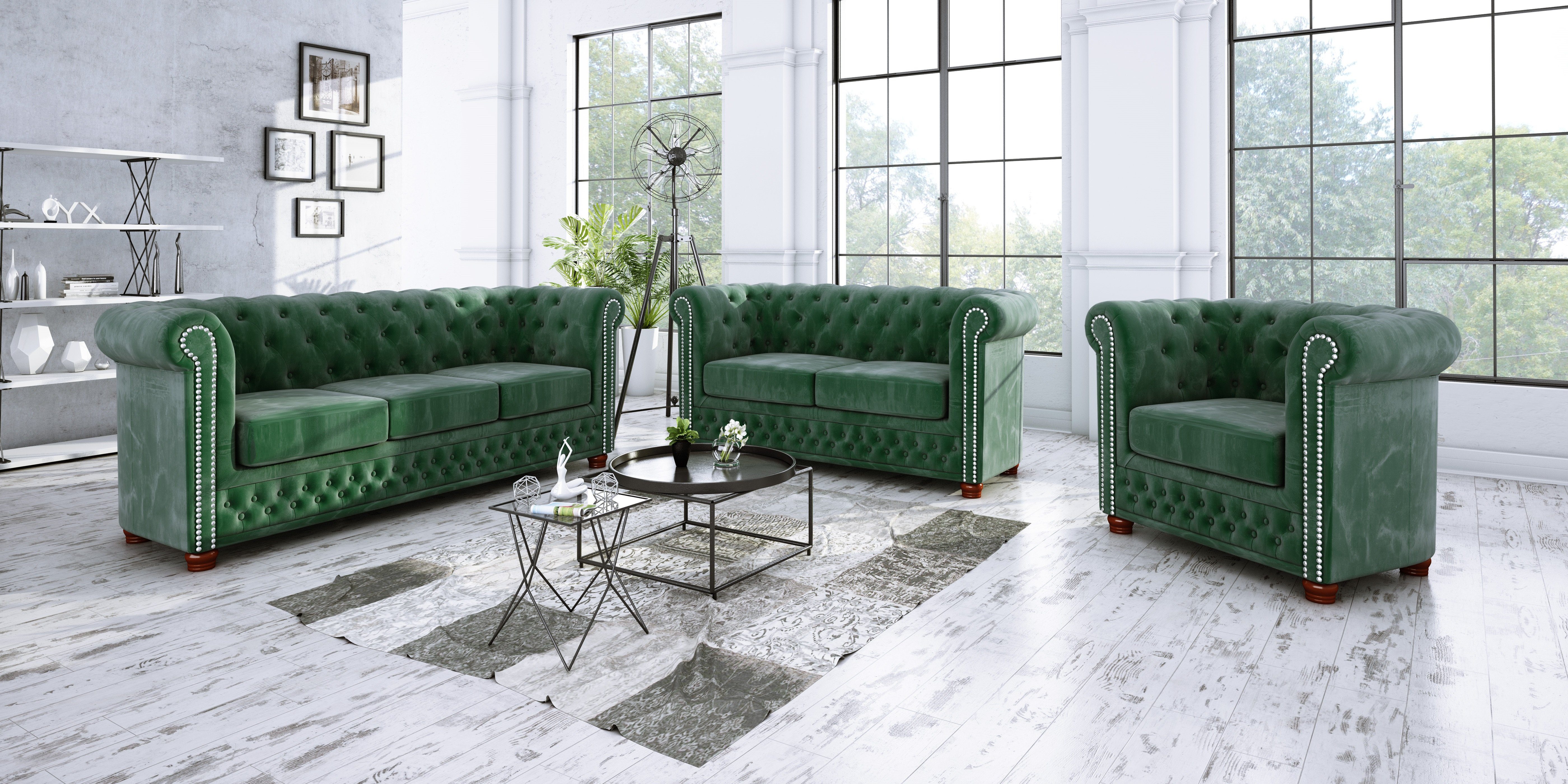 1x Sessel), Chesterfield Wellenfederung Flasche (1x 2-Sitzer-Sofa, 3+2+1, grün 1x Leeds S-Style Polstergarnitur 3-Sitzer-Sofa, mit Möbel