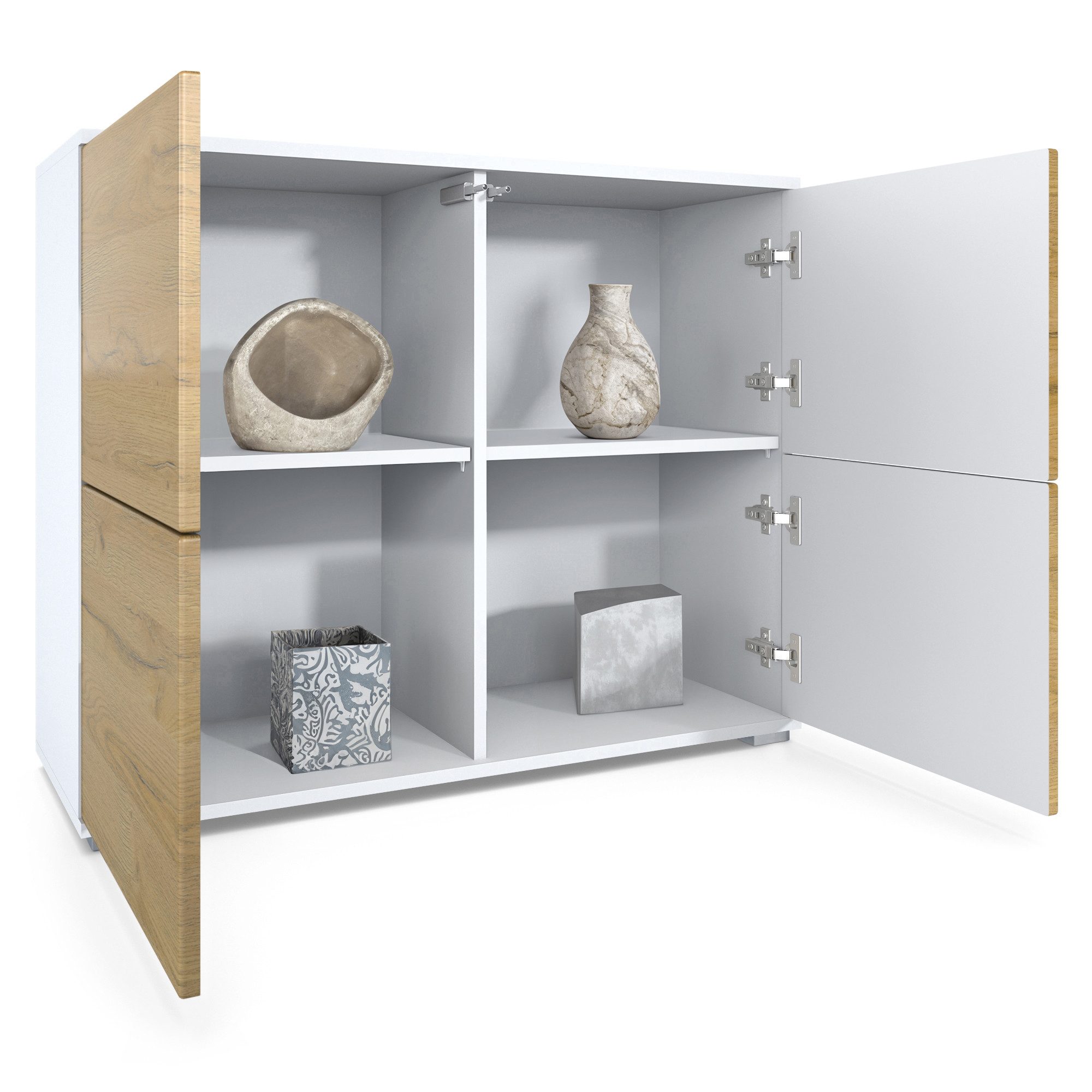 Vladon Kommode Rova V3 (Moderner Küchenschrank, mit 4 Push-to-Open Türen), Weiß matt / Sandgrau Hochglanz (92,5 x 75.5 x 35)