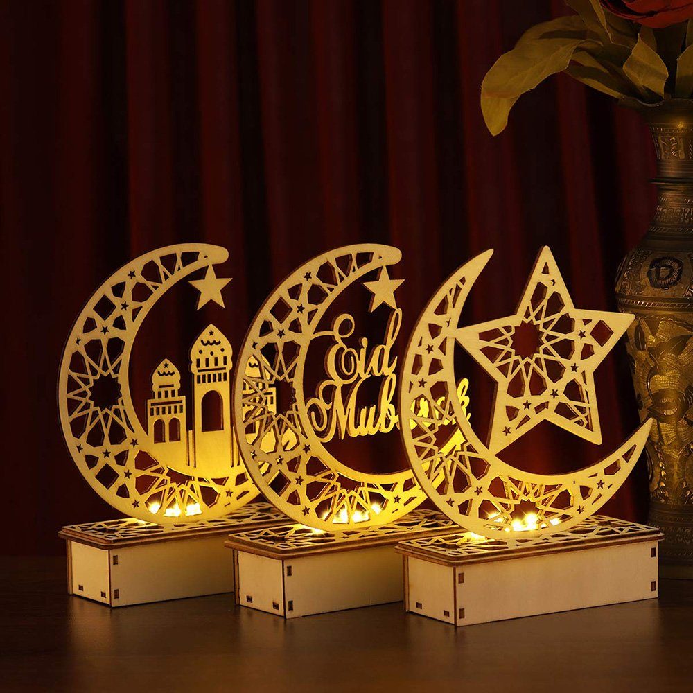 Sunicol LED Nachtlicht LED Mond Party Muslim Tischlampe, warmweiß, Ramadan batteriebetrieben Ornament, Islam Hölzern