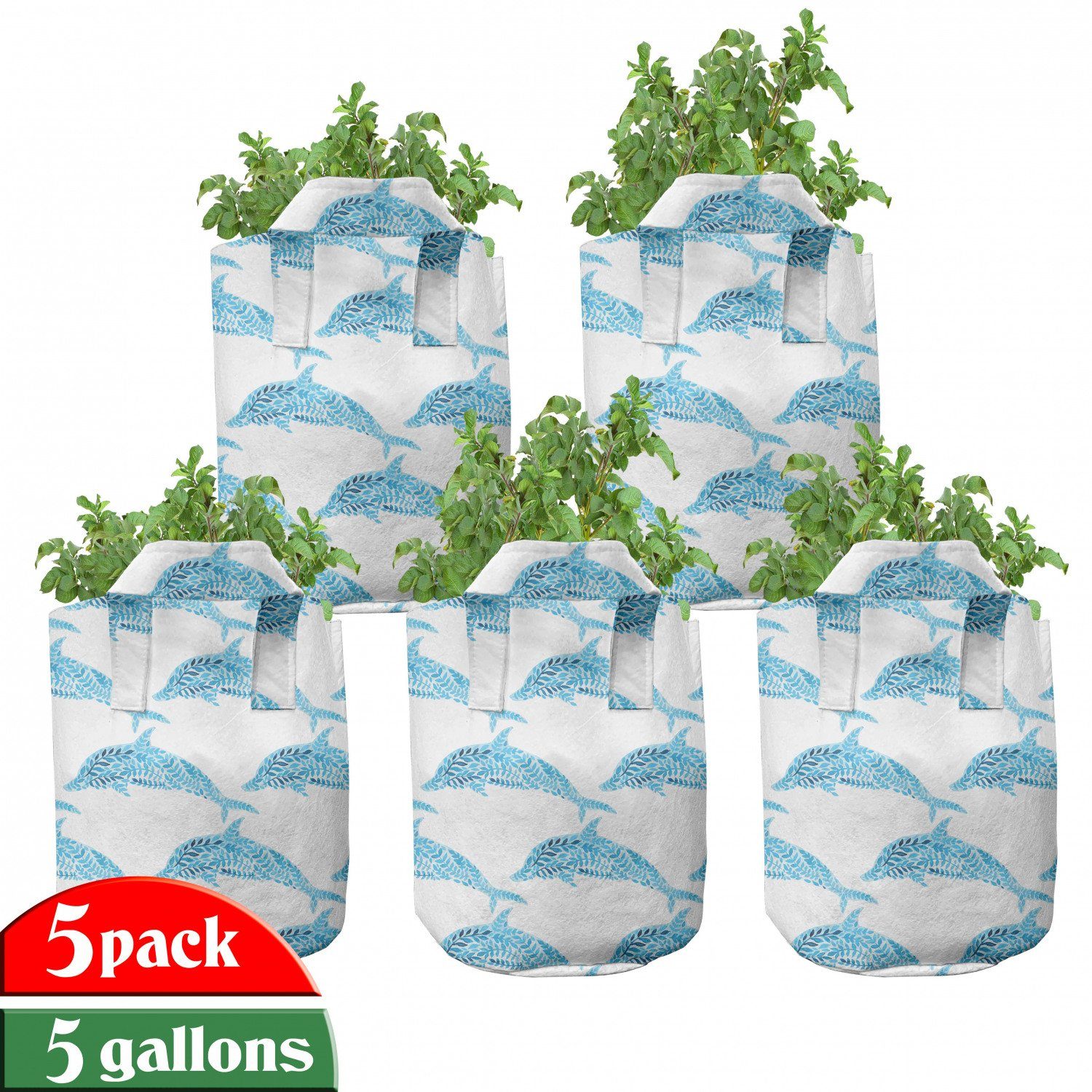 Abakuhaus Pflanzkübel hochleistungsfähig Stofftöpfe mit Griffen für Pflanzen, Meer Aqua Dolphins Leaves | Pflanzkübel