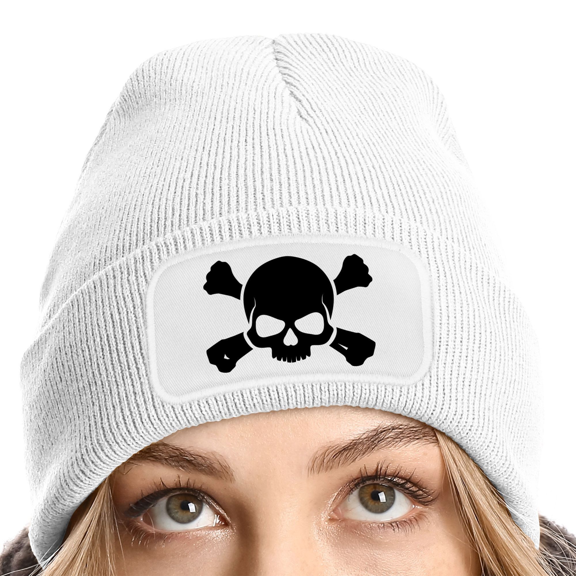 MoonWorks Strickmütze Damen Beanie mit Patch Totenkopf Design Strickmütze mit Spruch