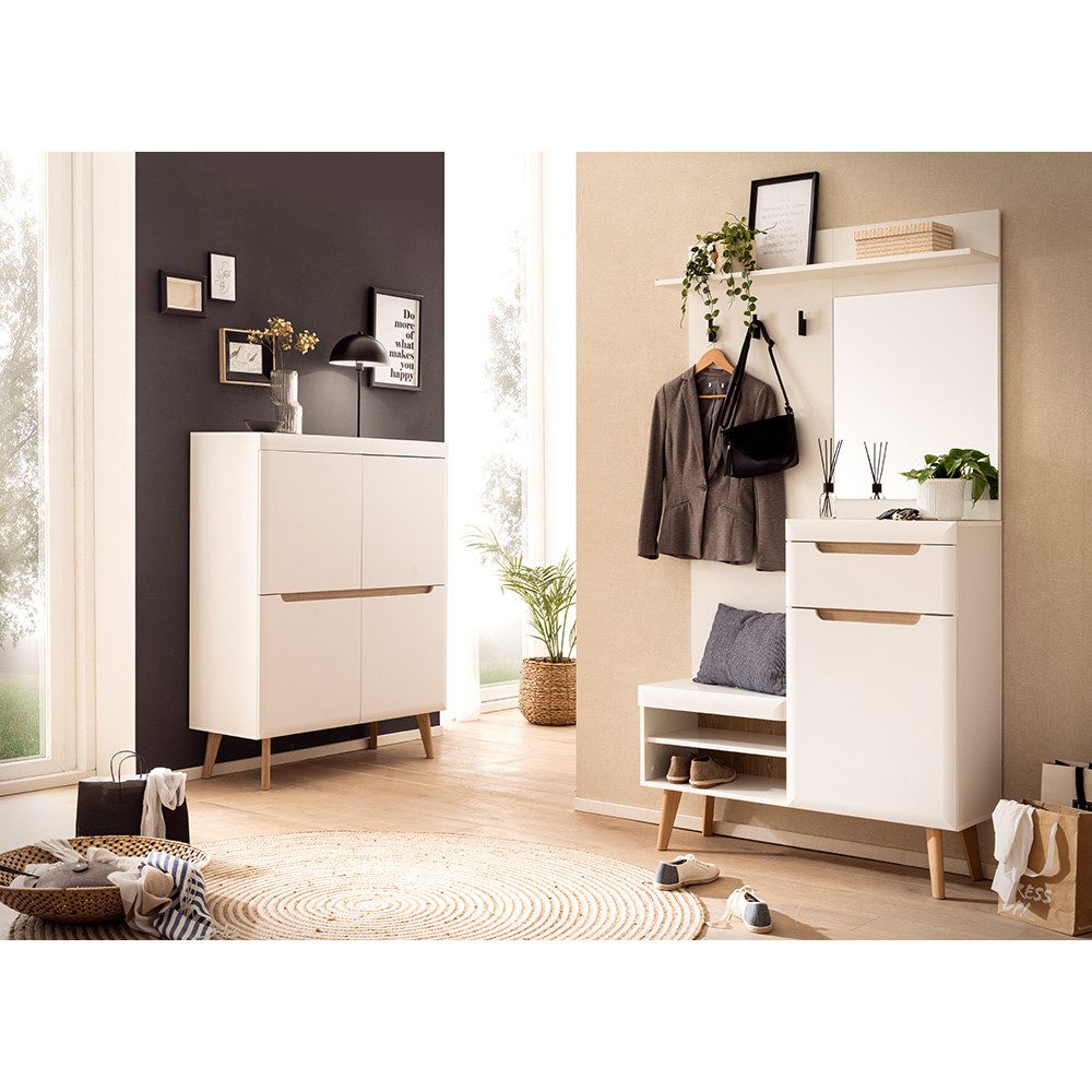 Lomadox Garderoben-Set STOCKTON-61, (Spar-Set, 2-St., Garderobe Highboard), weiß matt mit Eiche Nb., 2-teilig, Platz für 4 Paar Schuhe