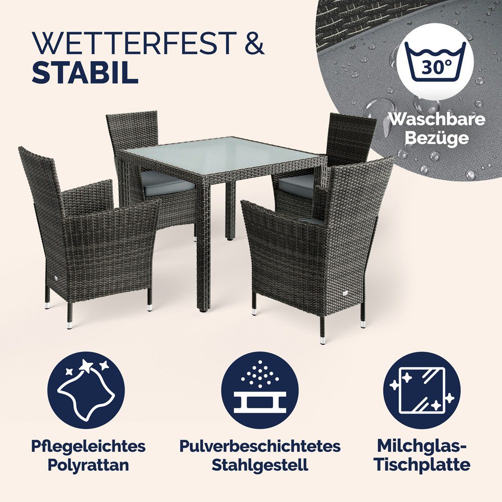 Casaria Garten-Essgruppe, (5-tlg), Polyrattan 4 Personen Wetterfest inkl. 7cm Auflagen Stühle Stapelbar
