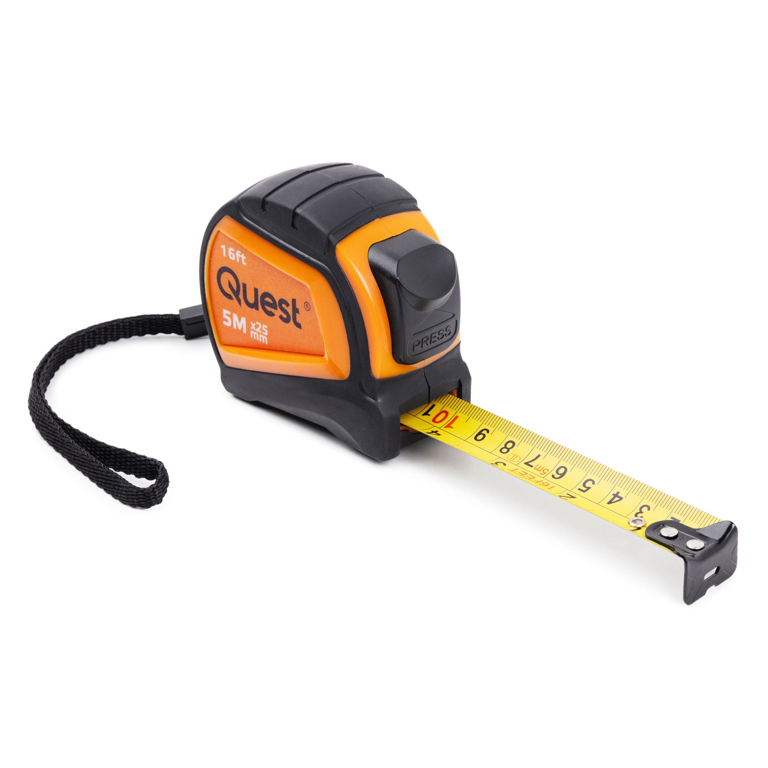 Quest Rollbandmaß Taschenbandmaß 5 m, 25 mm Band, mit Feststeller, 5 m, Bandbreite 25 mm, metrische und Zoll-Skala