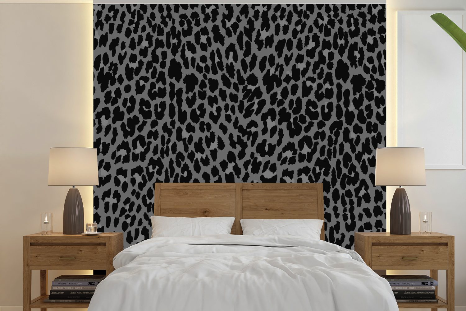 MuchoWow Fototapete Leopard - Schlafzimmer, oder Vinyl Grau, Wohnzimmer Wandtapete Matt, Tapete St), für - (5 Muster bedruckt