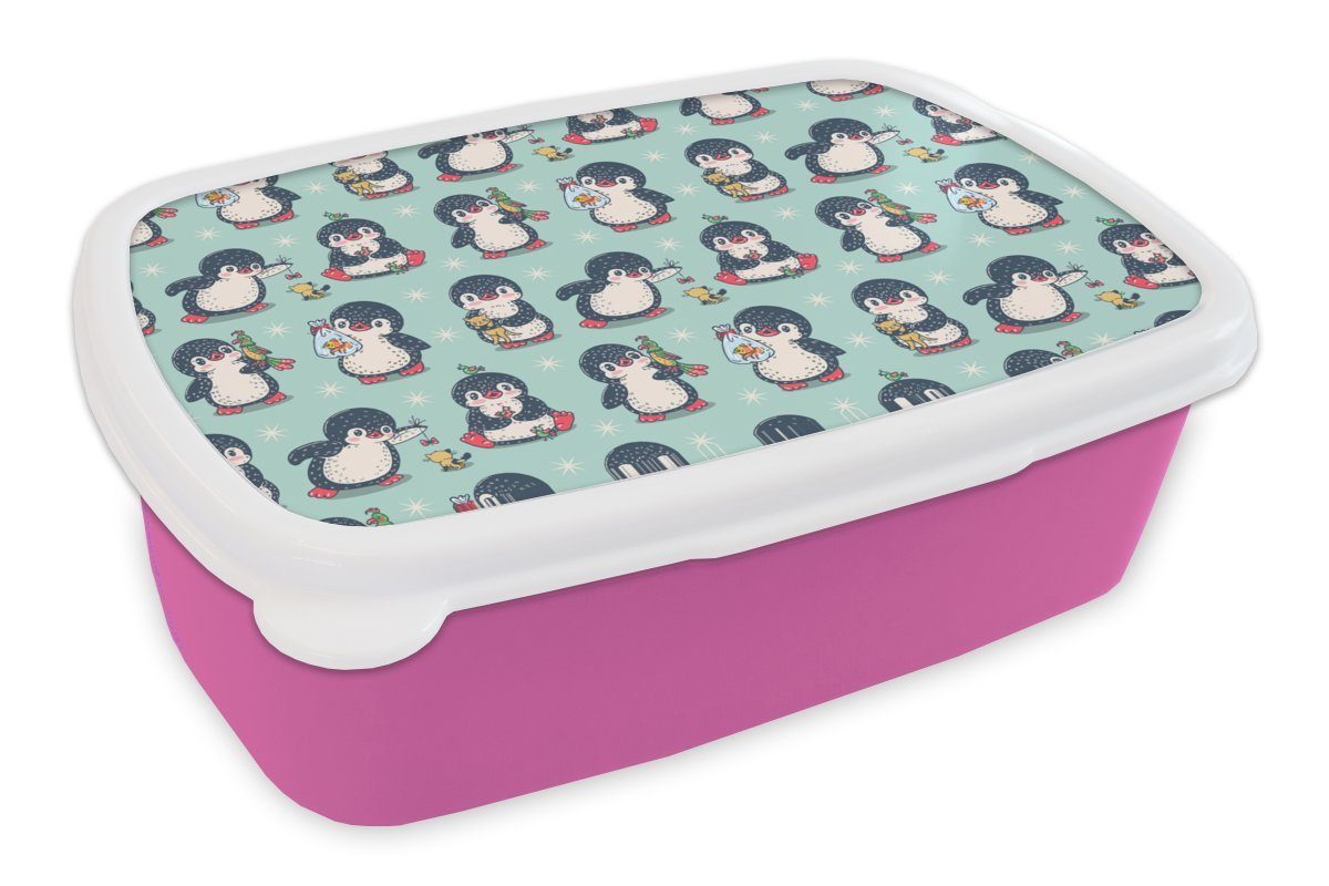 MuchoWow Lunchbox Tiere - Muster - Pinguin, Kunststoff, (2-tlg), Brotbox für Erwachsene, Brotdose Kinder, Snackbox, Mädchen, Kunststoff rosa