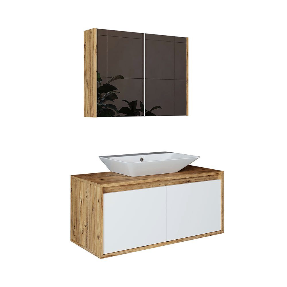 Badmöbel-Set, Waschbecken Spiegelscrank) 100cm Weiß (Badmöbel Set mit 3-teilig Roomart Unterschrank Eiche