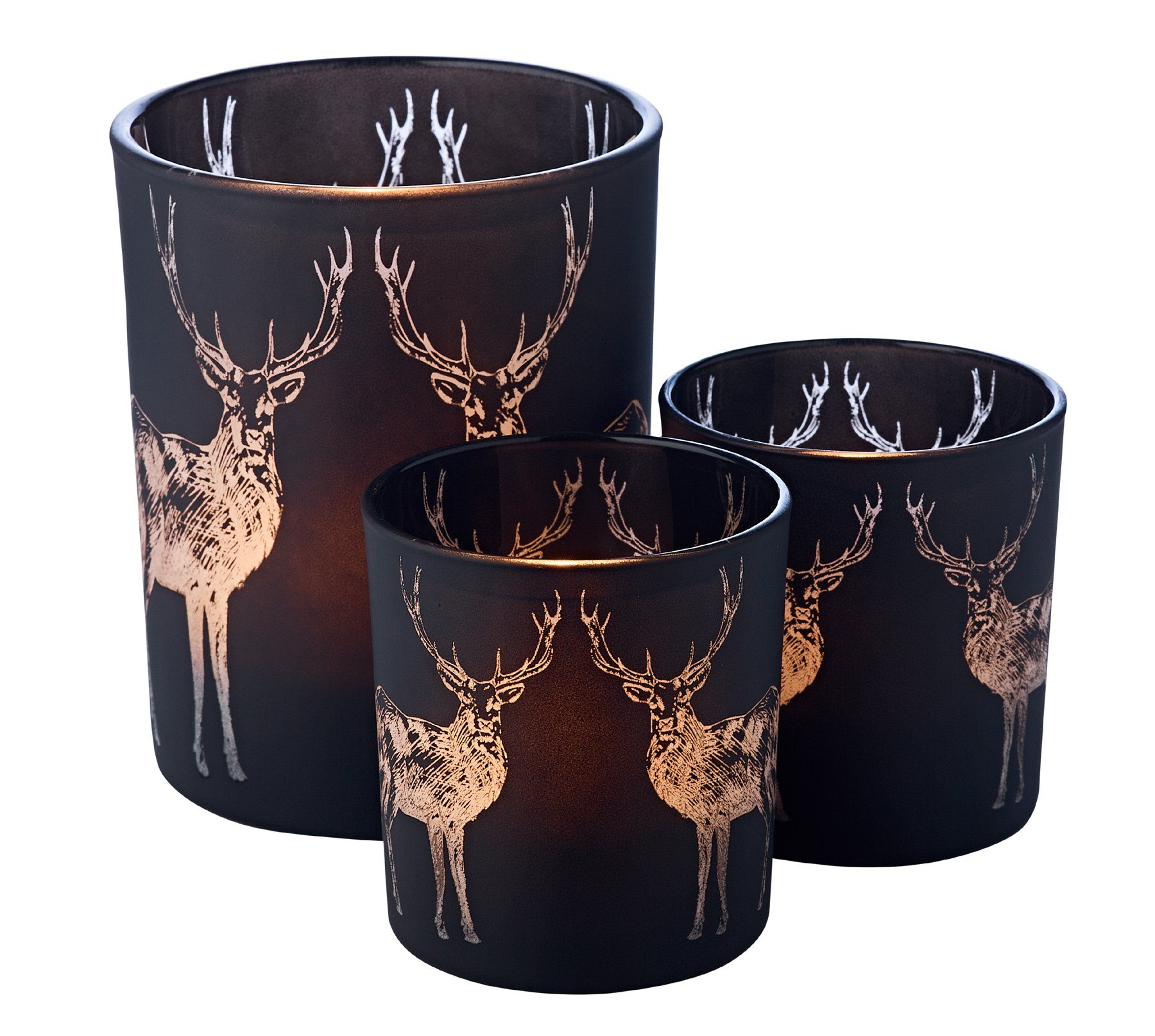 EDZARD Windlicht Tiu 8 cm Teelichtglas im Ø cm, 7 Kerzenglas-Set zeitlosen Design, Teelichter in Hirsch-Motiv mit (2er-Set), für Gold-Optik, Höhe