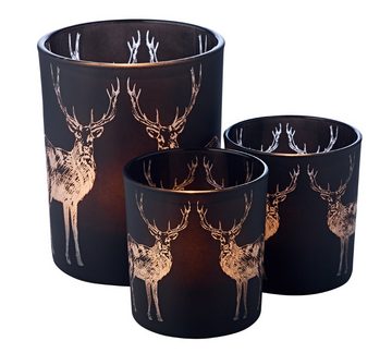 EDZARD Windlicht Tiu (2er-Set), Kerzenglas-Set für Teelichter mit Hirsch-Motiv in Gold-Optik, Teelichtglas im zeitlosen Design, Höhe 7 cm, Ø 8 cm
