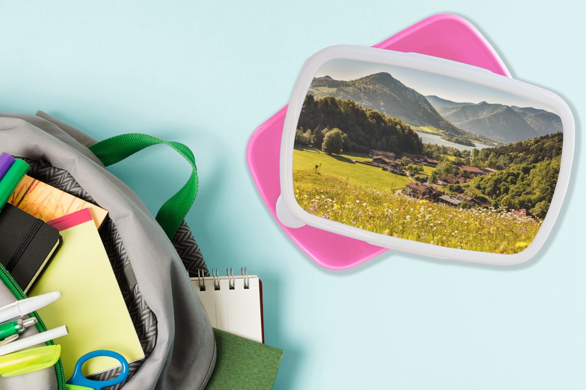rosa Mädchen, Erwachsene, Berge Kunststoff Kunststoff, MuchoWow - Alpen Blumenwiese, Kinder, - (2-tlg), Brotdose Lunchbox für Brotbox Snackbox,