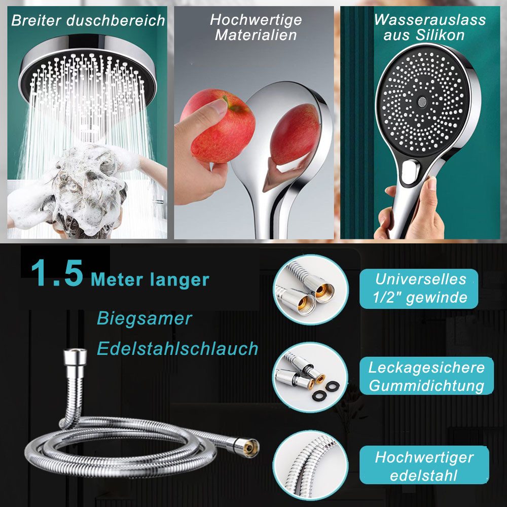 AFKSMILE Handbrause Hochdruck-Duschkopf mit 1.5 m langem Schlauch, 3 Düsentypen, Wassersparende Handbrause, 13 cm Duschbrause mit Antikalk-Funktion – Bild 4 von 5
