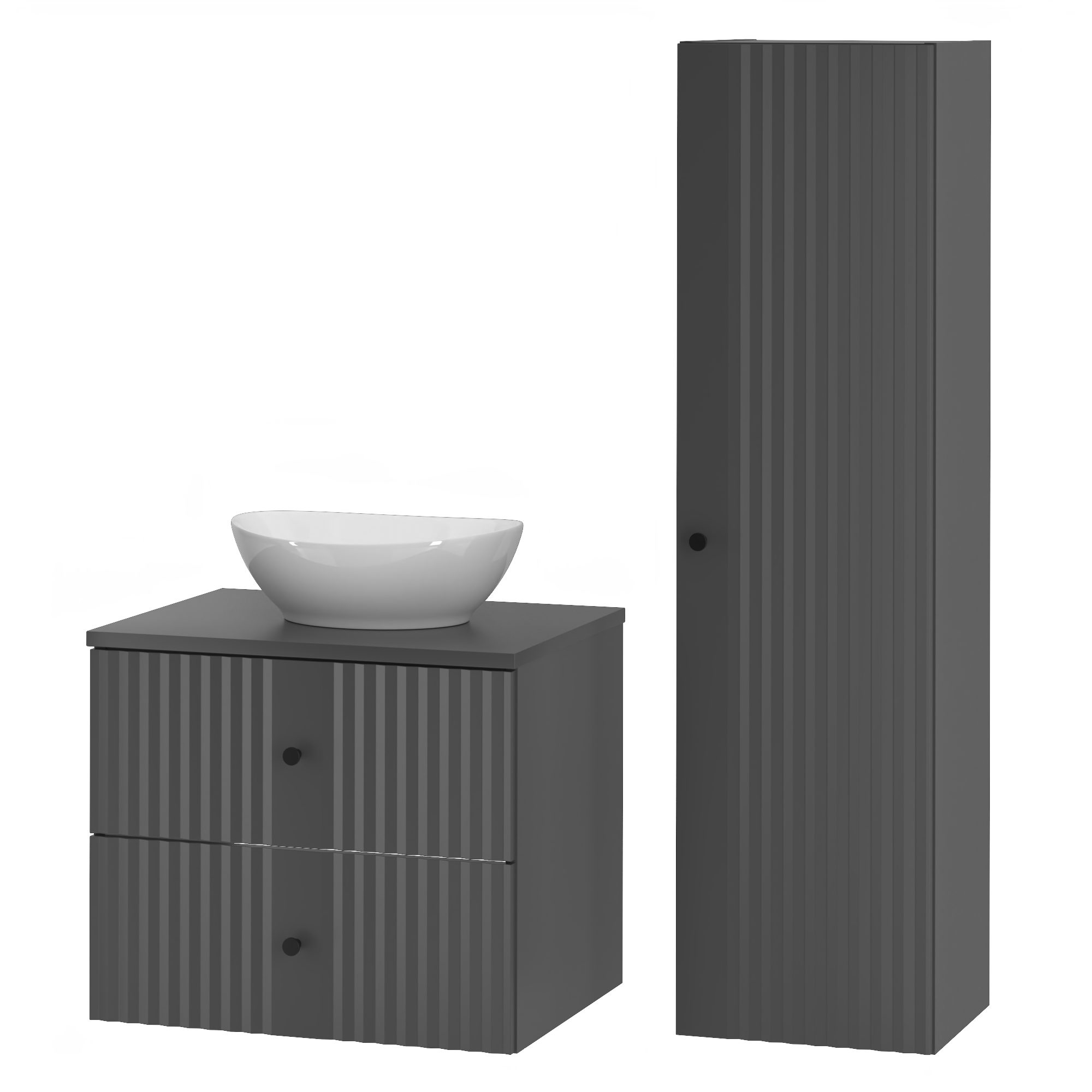 einfachgutemoebel Waschtisch-Set Waschtisch Set 60cm 2tlg. AshLine, Graphit Aufsatzbecken, (Badmöbel Set, 1-St., Waschtisch Unterschrank)