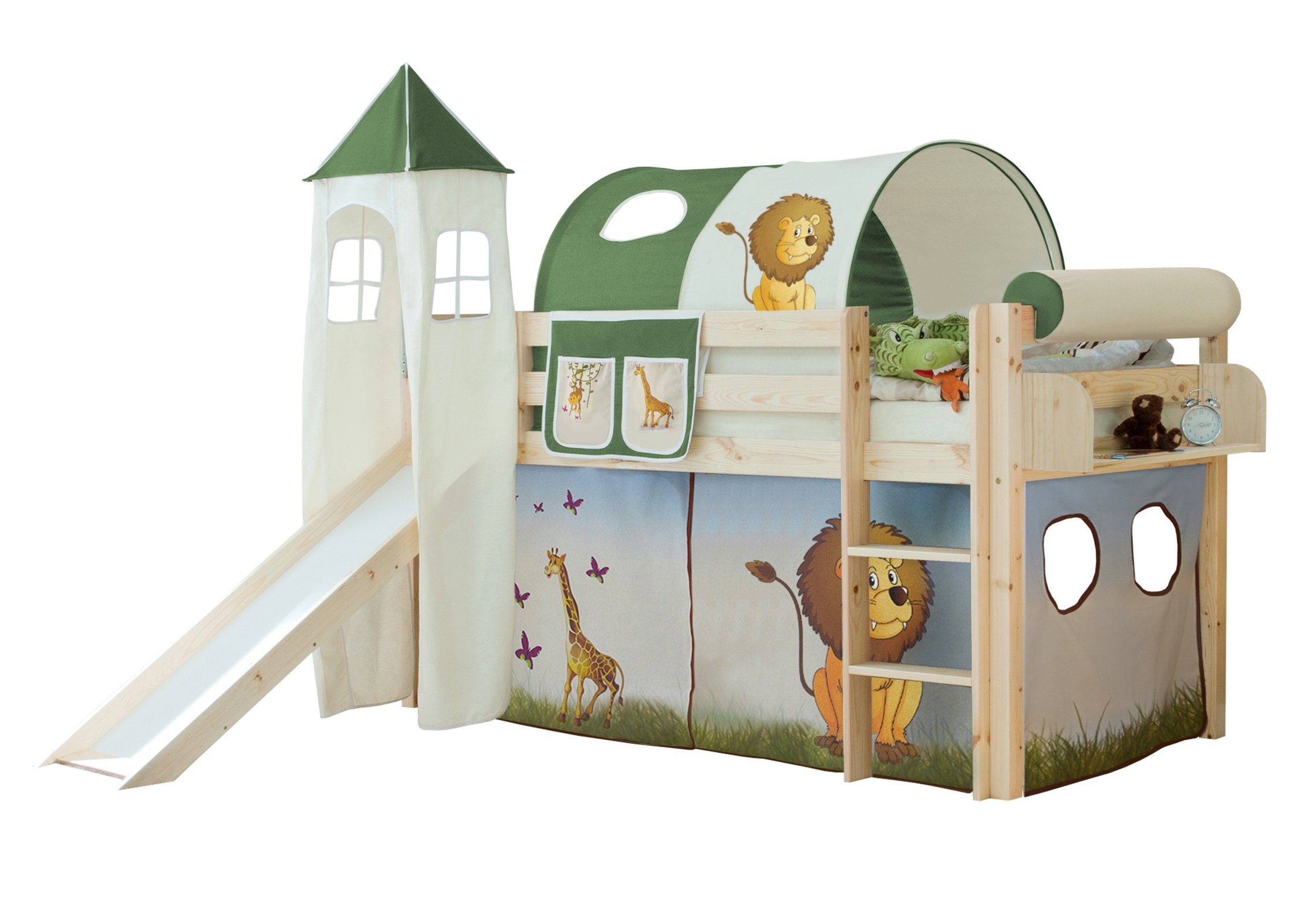 Ticaa Hochbett Rutschbett mit Turm "Kasper" Kiefer Natur Motiv
