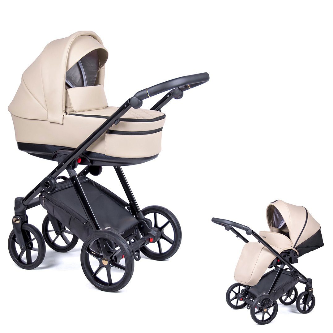 babies-on-wheels Kombi-Kinderwagen 2 in 1 Kinderwagen-Set Axxis Premium - 14 Teile - in 12 Designs Creme = Gestell schwarz
