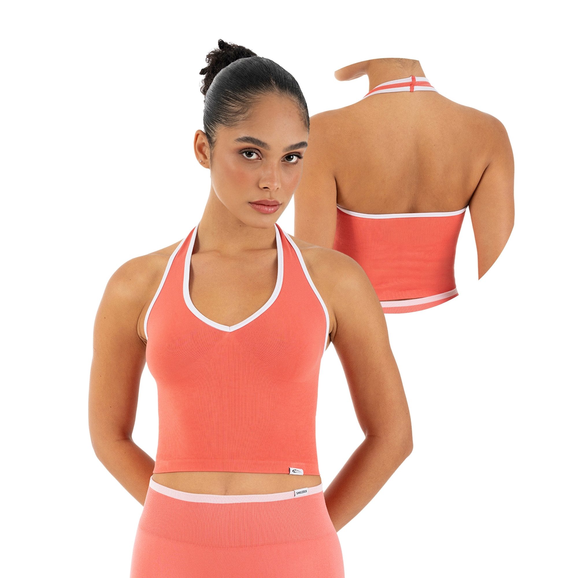 Smilodox Sport-BH Theda, Sport Top Damen Shaped Fit, Seamless, Gym & Freizeit Halterneck, V-Ausschnitt, Seamless, Stretch, Kontrastdetails