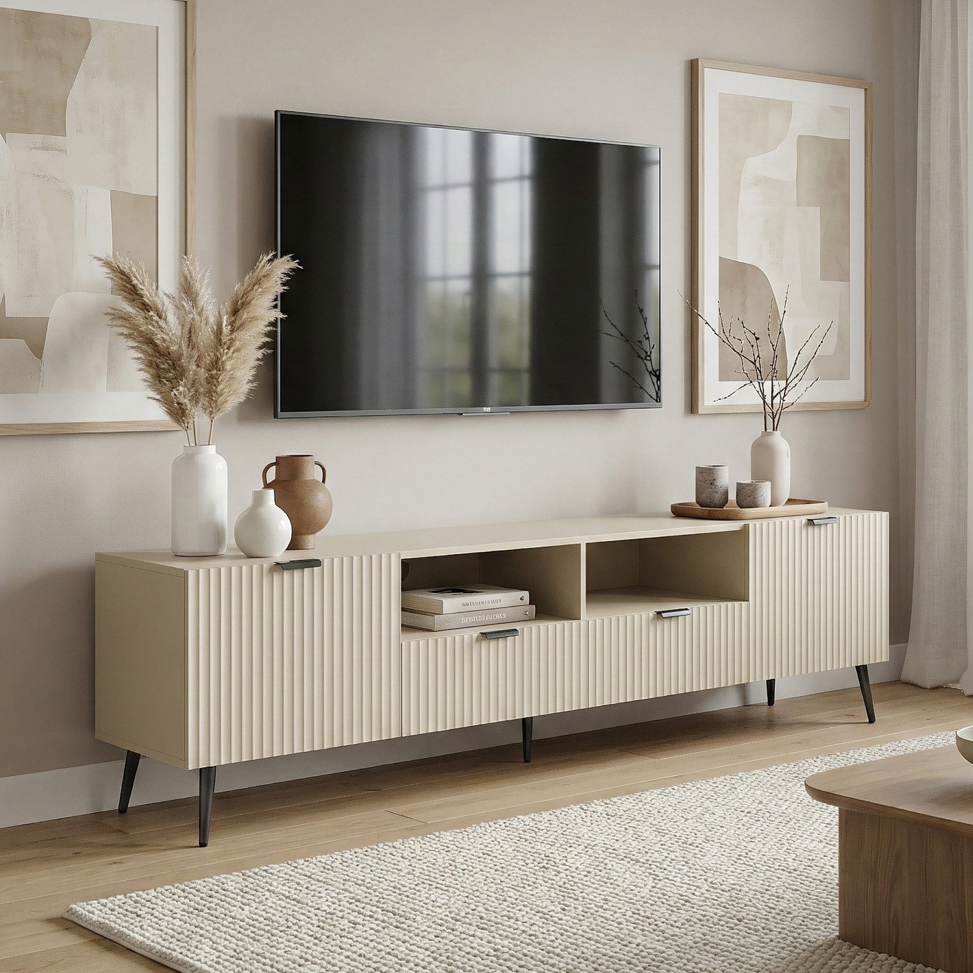 en.casa TV-Schrank »Nand« mit 2 Türen geriffelt 180 x 40 x 51 cm Sandfarben