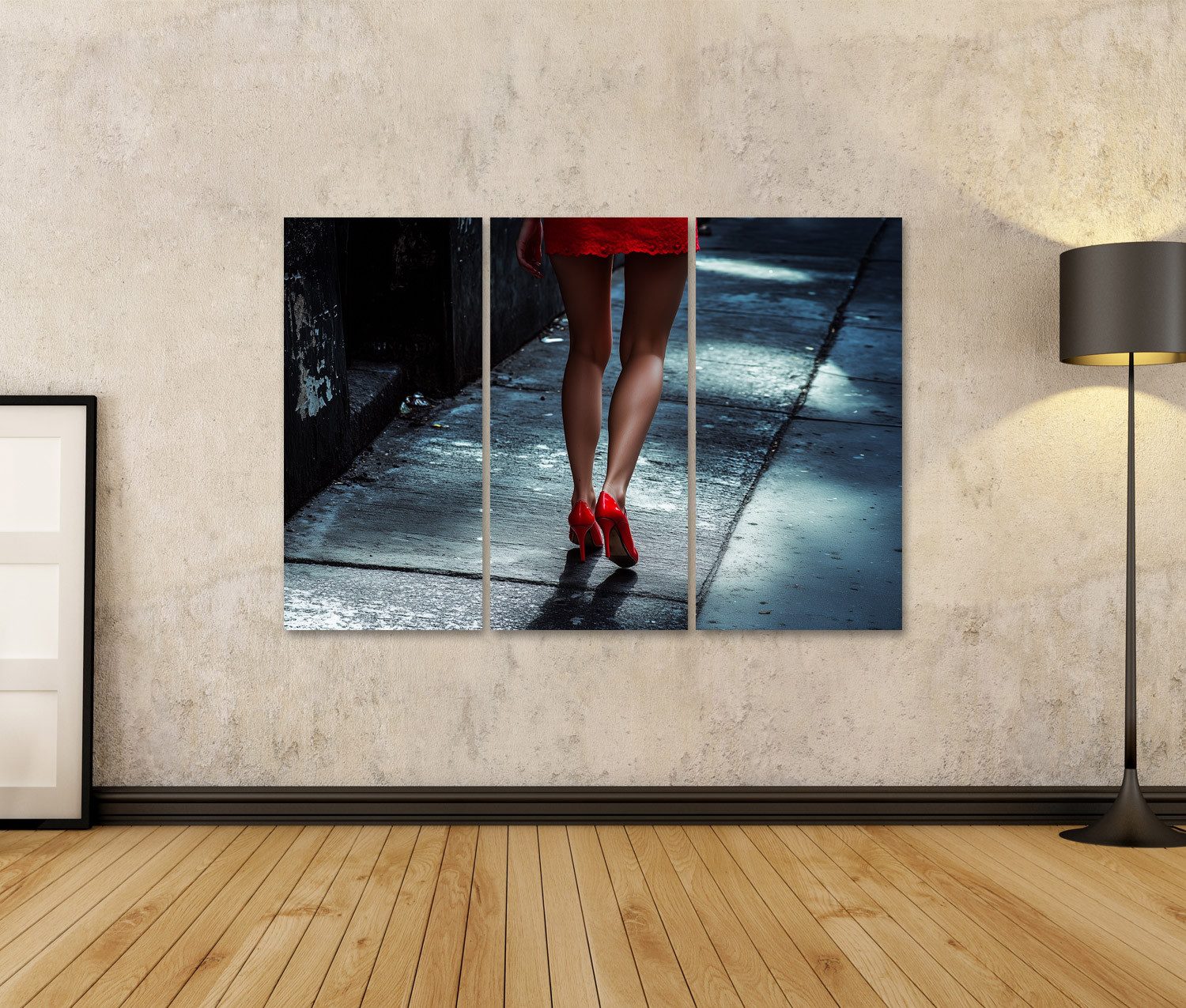 islandburner Leinwandbild Rote High Heels Schuhe auf nassem Pflaster