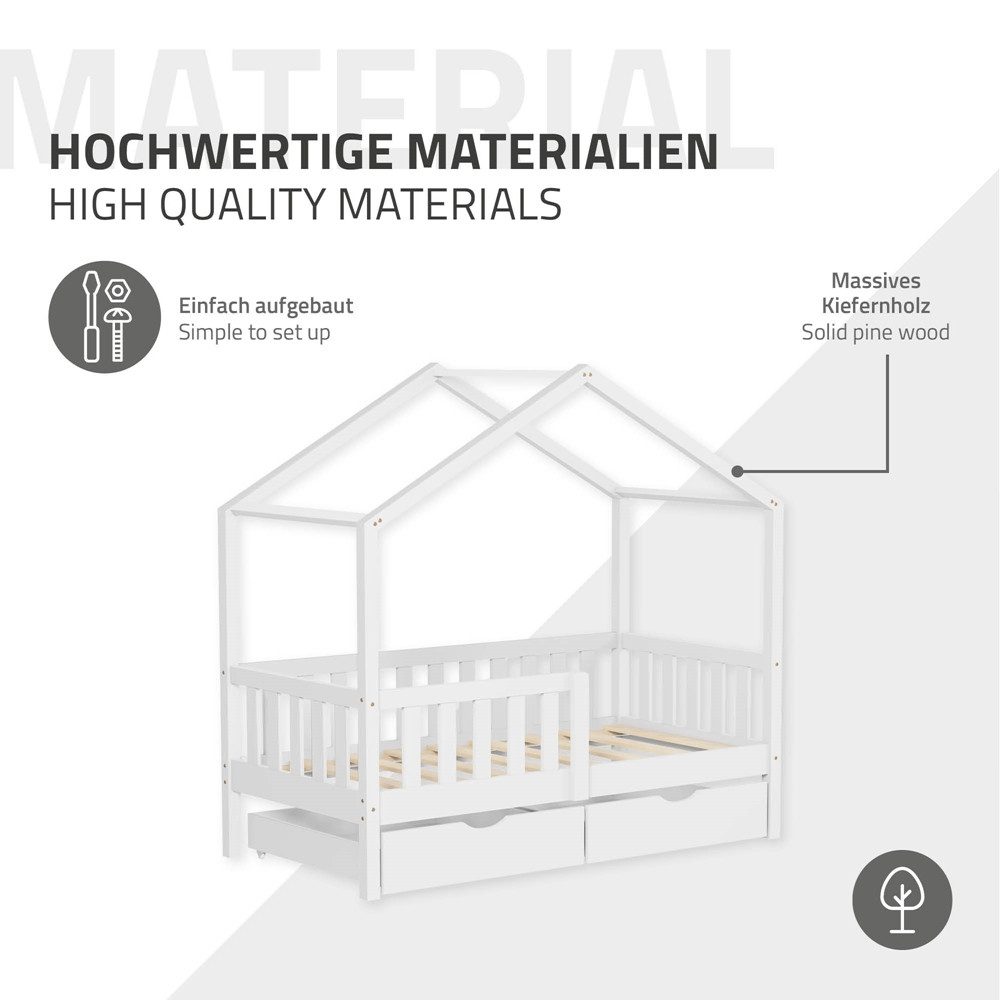 ML-DESIGN Spielbett Hausbett Kinderbett inkl. 2 Schubladen, Lattenrost und Rausfallschutz, Abenteuerbett 70x140cm Haus Bett Himmelbett Kiefer Jugendbett Weiß – Bild 5 von 5