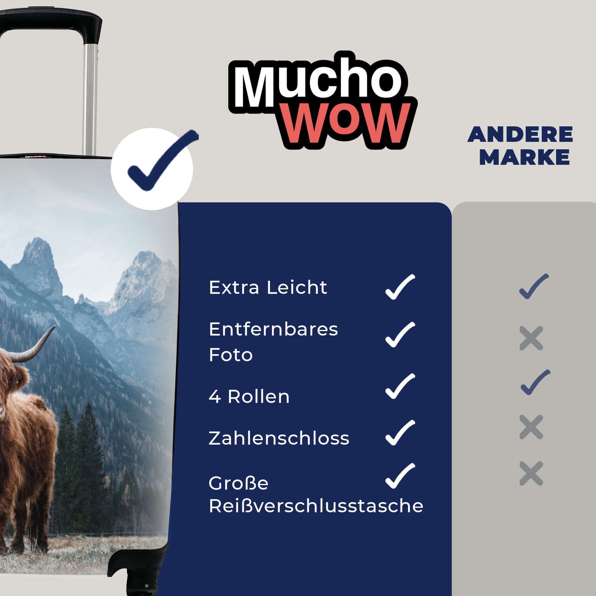 Trolley, Berg - Natur, Schottische mit Highlander - - Kuh Ferien, Reisekoffer - für 4 Landschaft Rollen, Handgepäck Handgepäckkoffer Reisetasche MuchoWow rollen, - Bäume