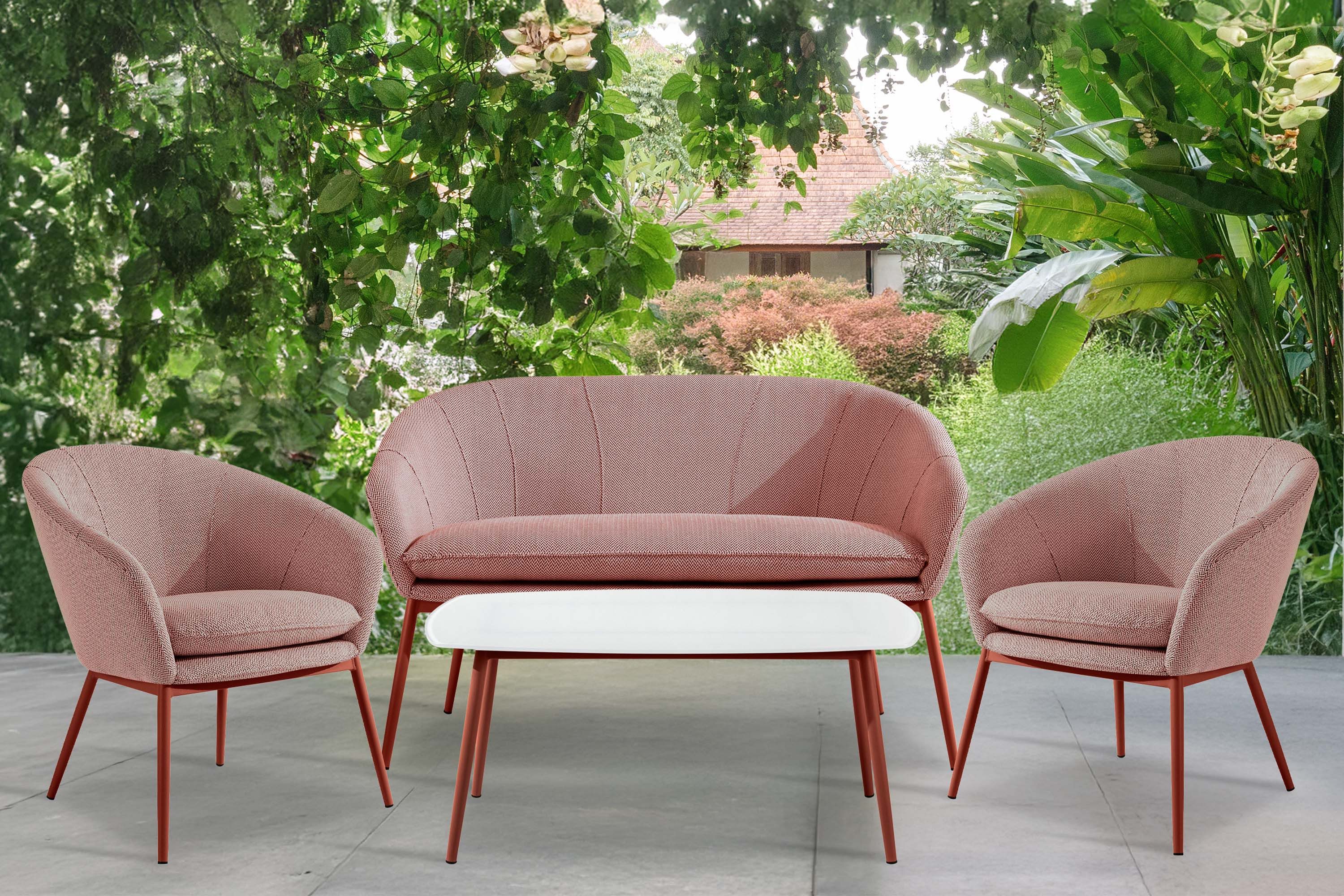 KONSIMO® Loungesofa SOLIS Gartensofa, Gartenmöbel, Sofa 2-Sitzer, hergestellt in der EU, extra bequemer Sitz, fertig montiert, wasserabweisender Stoff, Modern, eisenrot Gestell