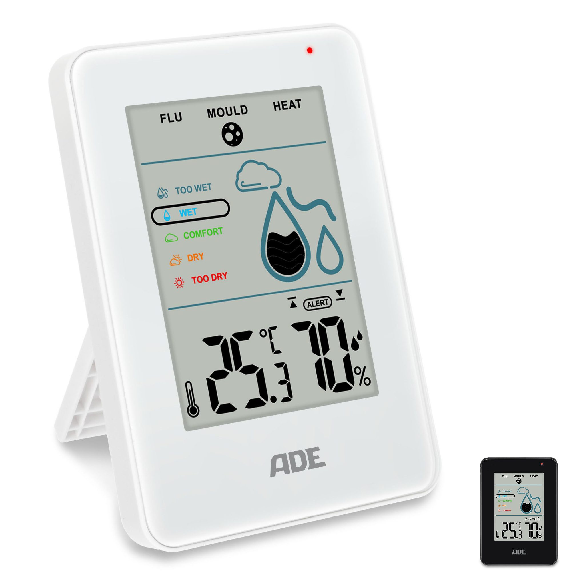 ADE Hygrometer Digital, misst Luftfeuchtigkeit, Temperatur und Taupunkt im Innenraum, Mit Schimmelalarm und Komfortanzeige, großes Display fürs Raumklima