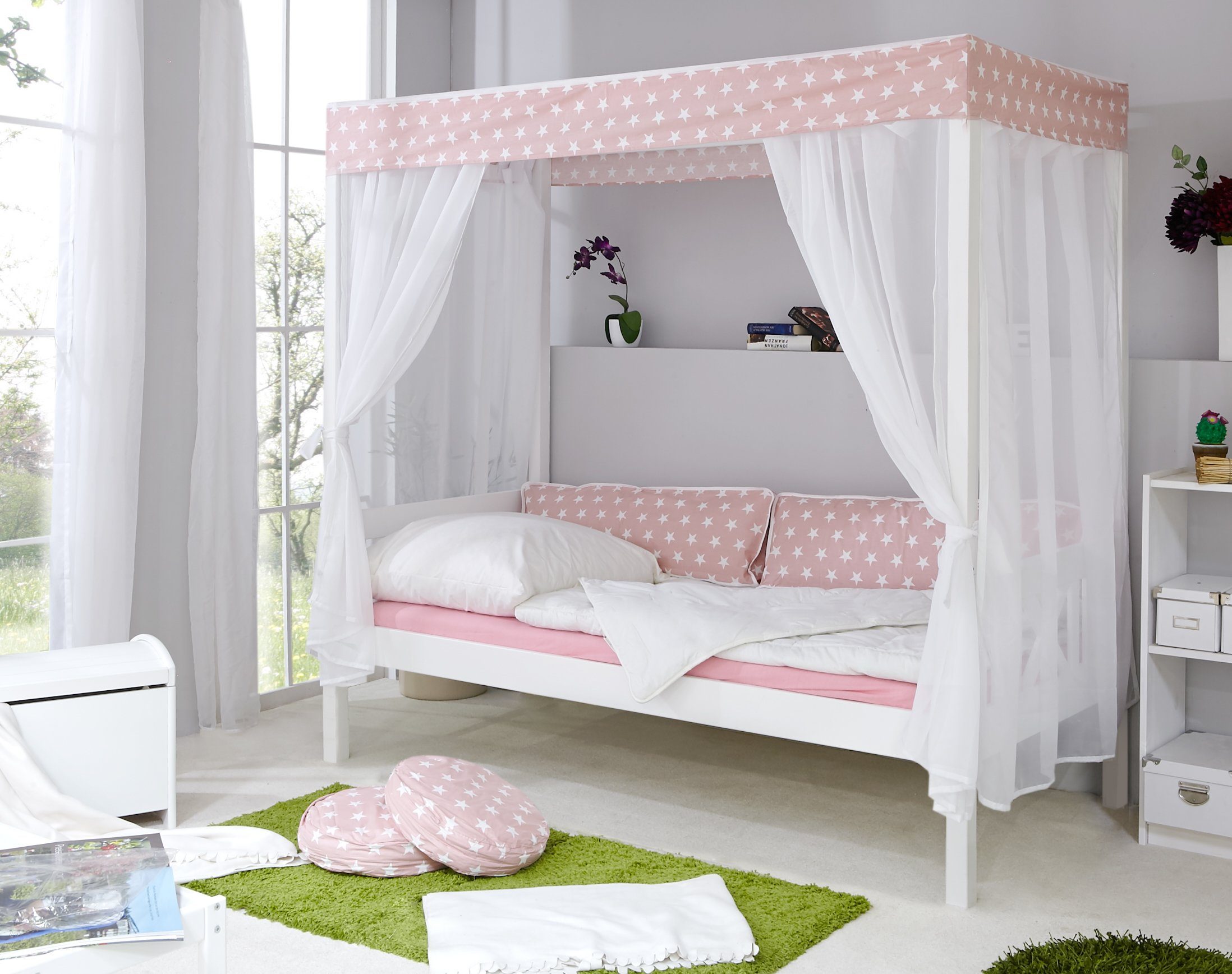Ticaa Himmelbett Himmelbett "Rosa" 310 Kiefer Weiß (Rosa/Weiß, Oberer Teil abnehmbar und als Einzelbett stellbar