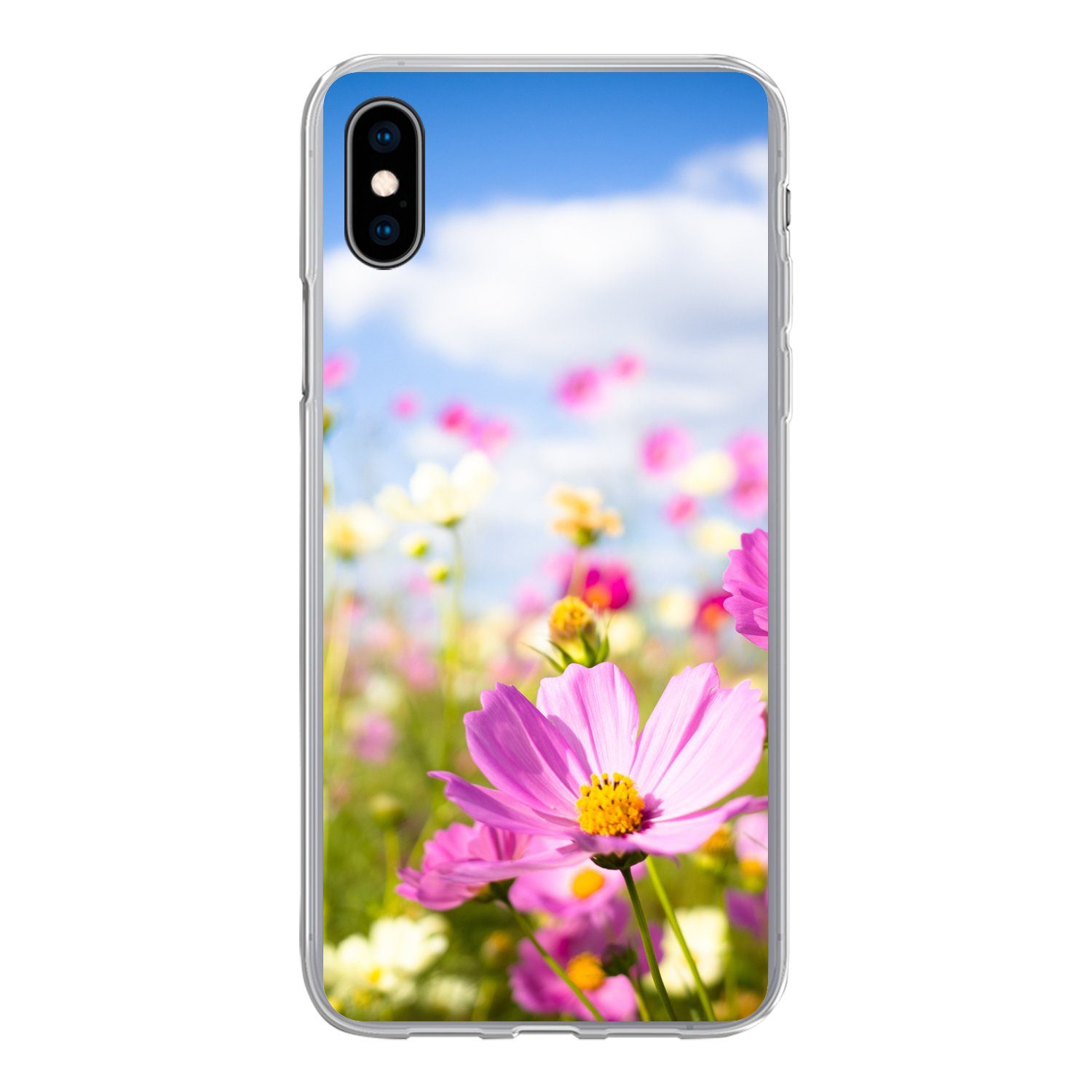 MuchoWow Handyhülle für Apple iPhone XS Blumen - Wiese - Lila - Gras - Weiß - Wolken - Bla, Smartphone-Bumper, Print, Handy Schutzhülle Dünn