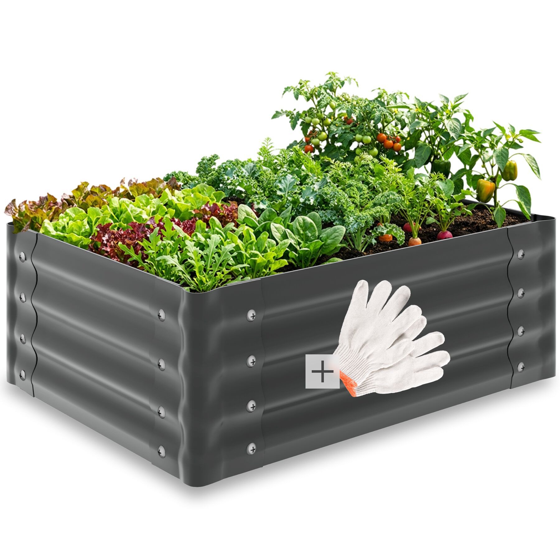 tectake Hochbeet stabiler Gemüsekasten aus verzinktem Stahl, mit offenem Boden (Pflanzkasten Salvia, in grau, 130 L), sicher, witterungsbeständig, inklusive Arbeitshandschuhe