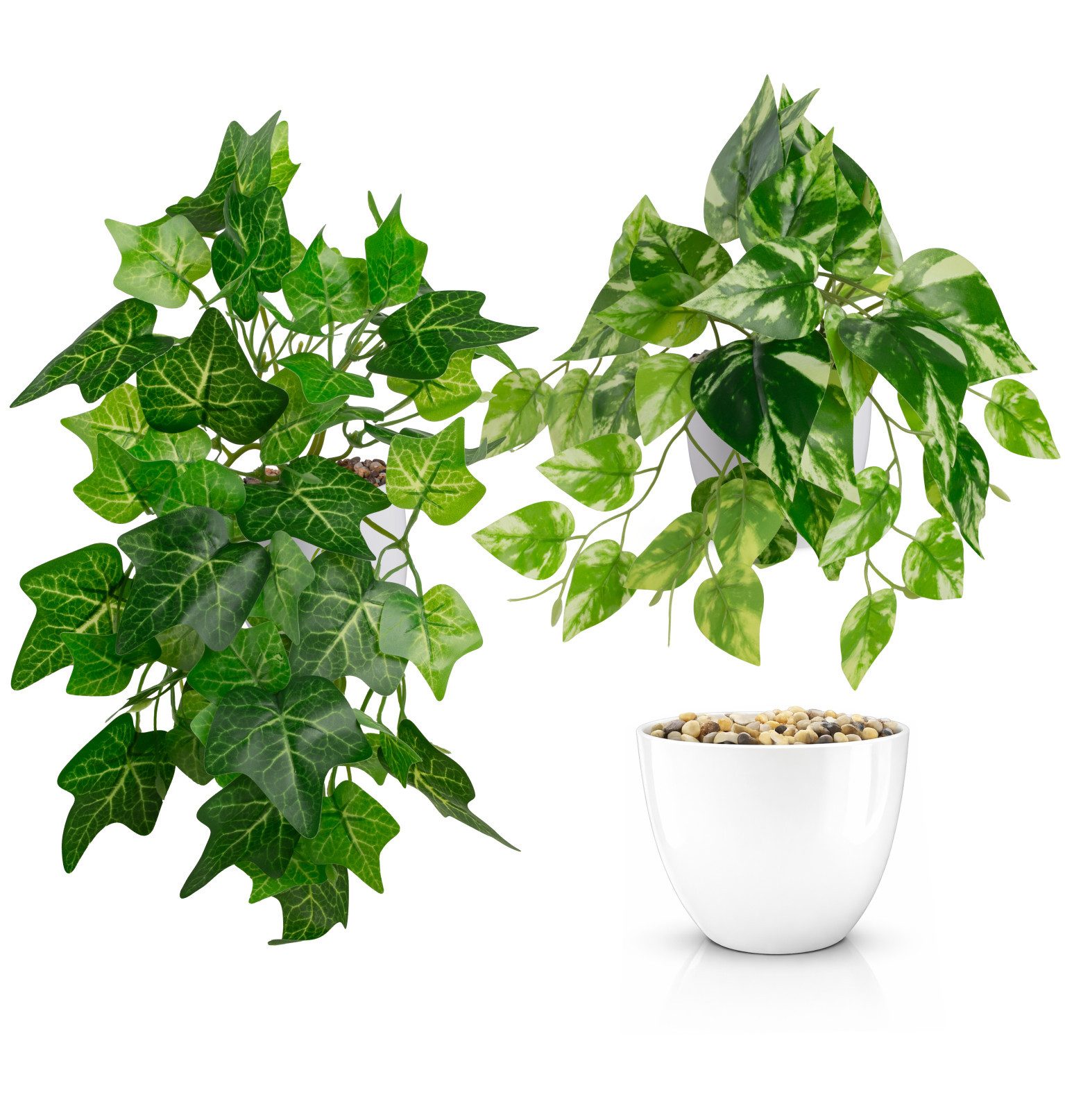 Kunstpflanze Künstliche Hängepflanzen im bruchfesten Topf, Hängepflanze künstlich Efeu, Monstera, Philodendron, Calathea, Pfeilblatt, Mosaik- & Zebrapflanze, PASCH, Bruchfester weißer Kunststofftopf