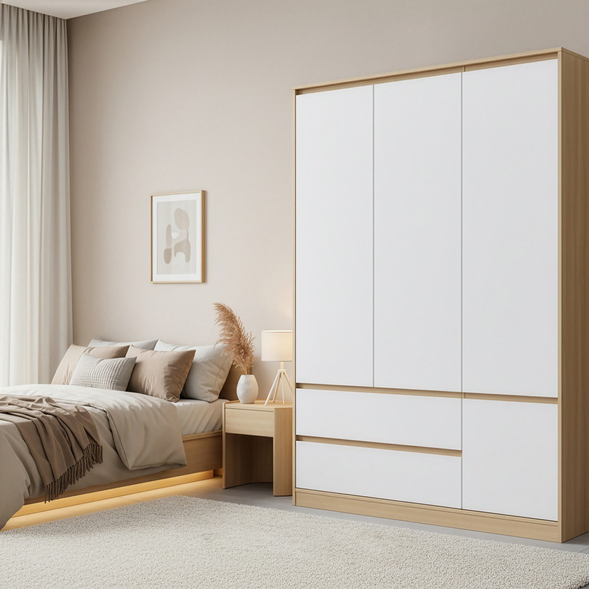 en.casa Kleiderschrank »Bastheim« 4 Türen, 6 Fächer, 2 Schubladen Eiche / Weiß