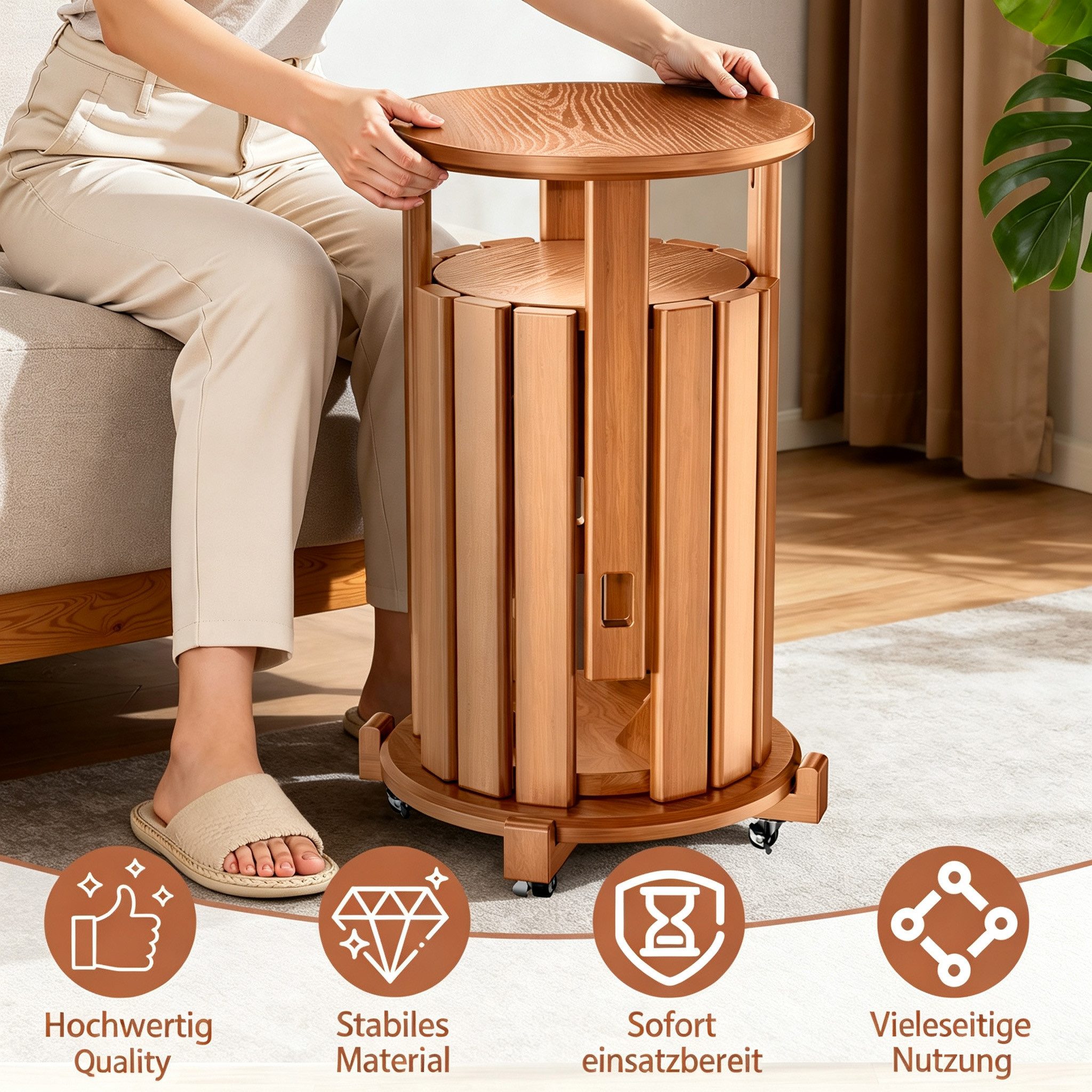 Rutaqian Sitzhocker Massivholz Stapelhocker 4er Set mit Rollen, runde Hocker (Ein 4-teiliges Set), 4 Hocker als ein Möbelstück – stapelbar, Massivholz & mit Rol – Bild 3 von 5