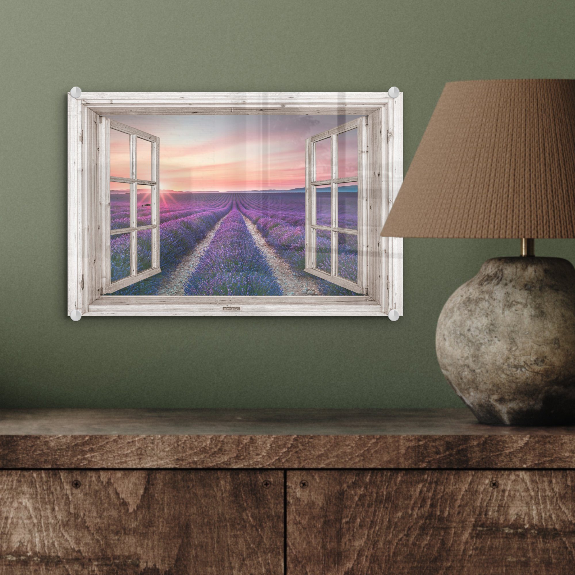 MuchoWow Acrylglasbild Durchsichtig Lila, Lavendel auf - - - Wandbild Bilder Wanddekoration - - Sonnenuntergang Blumen - Glas Holz St), (1 Foto - Glas auf bunt - Glasbilder