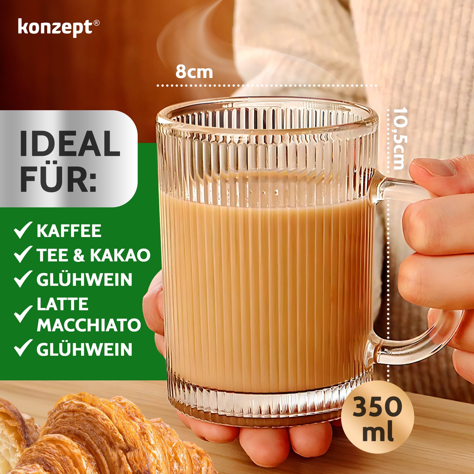 KONZEPT Gläser-Set Kaffeegläser Geriffelt 350ml Set 2/4/6 Stk. mit Henkel Transparent, 6-tlg., 350 ml, geriffelte, ideal als Kaffeegläser – Bild 4 von 5