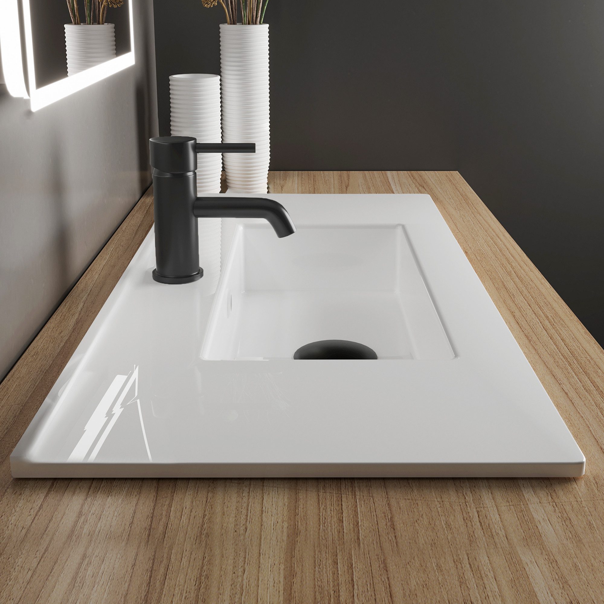 Alpenberger Waschbecken Einbauwaschbecken, Waschtisch 80 cm Breit, Aufsatzwaschbecken mit Nano (1-tlg., Keramik Handwaschbecken Weiß), Hygienischer Waschtisch mit Überlauf und Hahnloch für Armatur