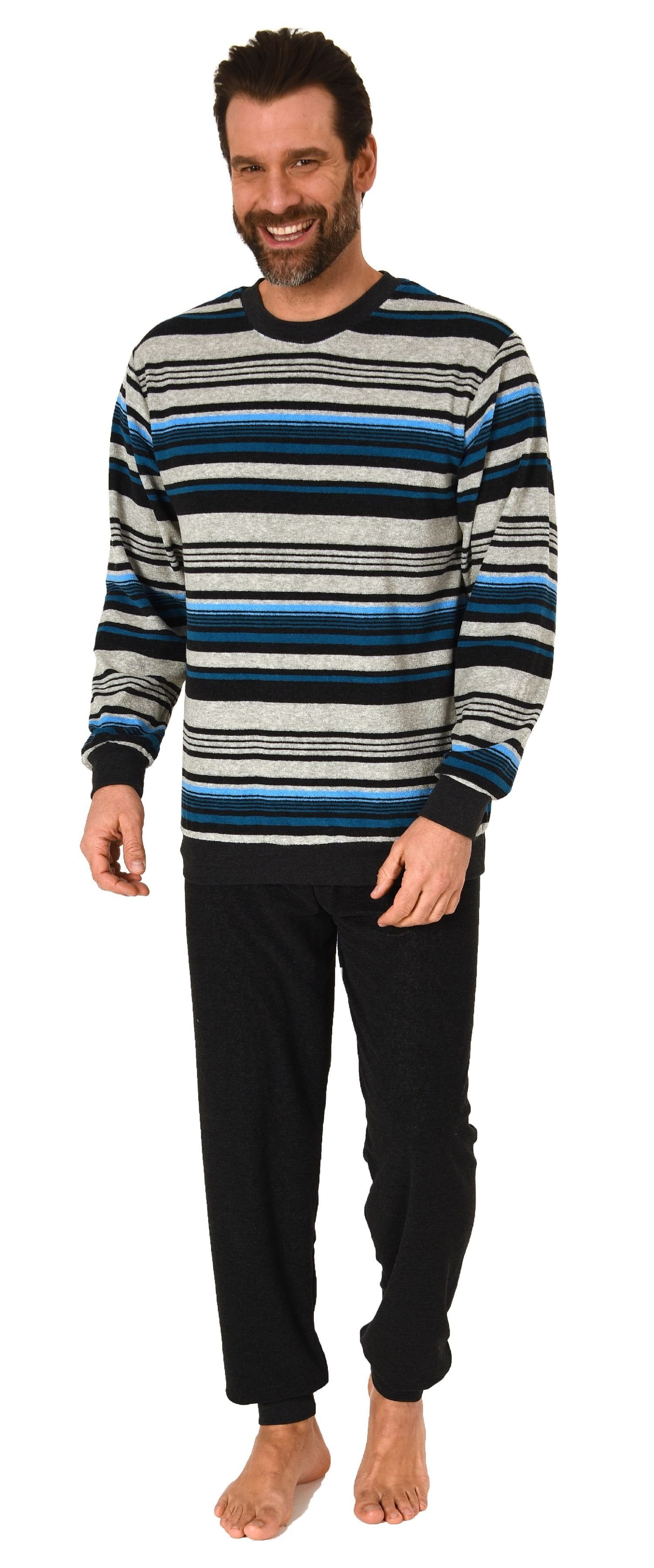 Normann Pyjama Herren Frottee Schlafanzug langarm mit Bündchen in gestreift günstig online kaufen