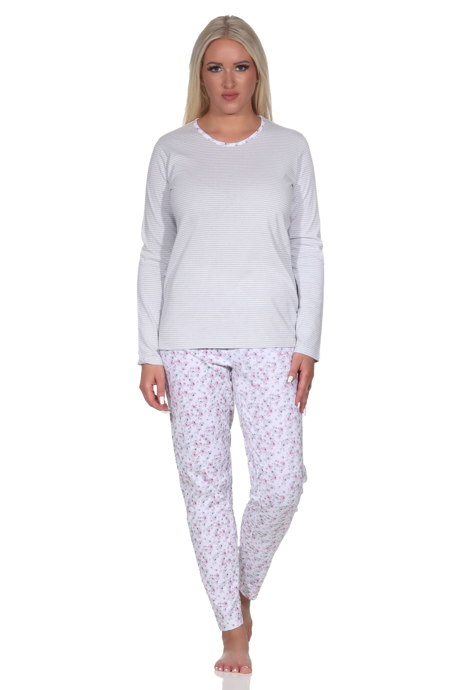 Normann Pyjama Verspielter Damen langarm Schlafanzug in tollem floralen Muster grau